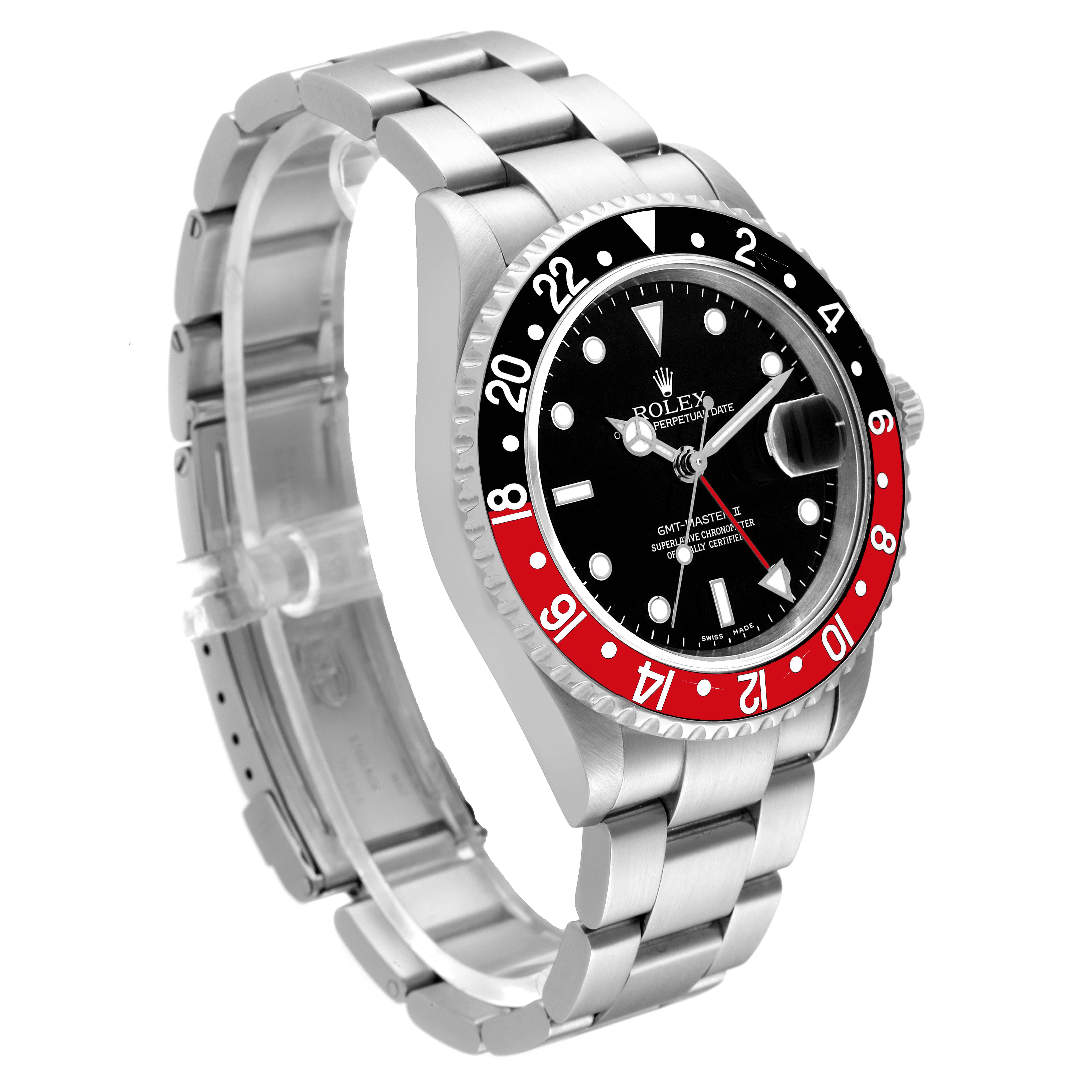 The Rolex GMT-Master 16710 Men's Stainless Steel Black Dial 16710 Men's Stainless Steel Black Dial watch is shown in a side angle, highlighting the bezel, face, and part of the stainless steel bracelet.