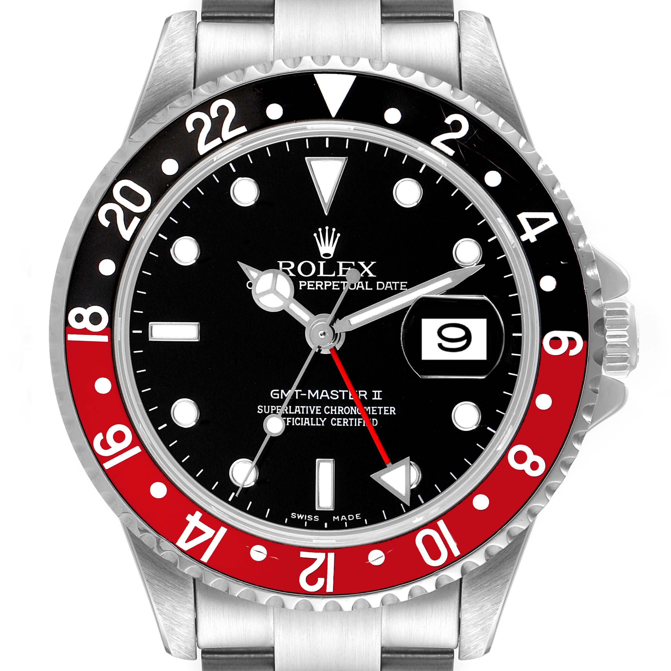 The Rolex GMT-Master 16710 Men's Stainless Steel Black Dial 16710 Men's Stainless Steel Black Dial II watch is shown from the front, highlighting the dial, bezel, and date feature.