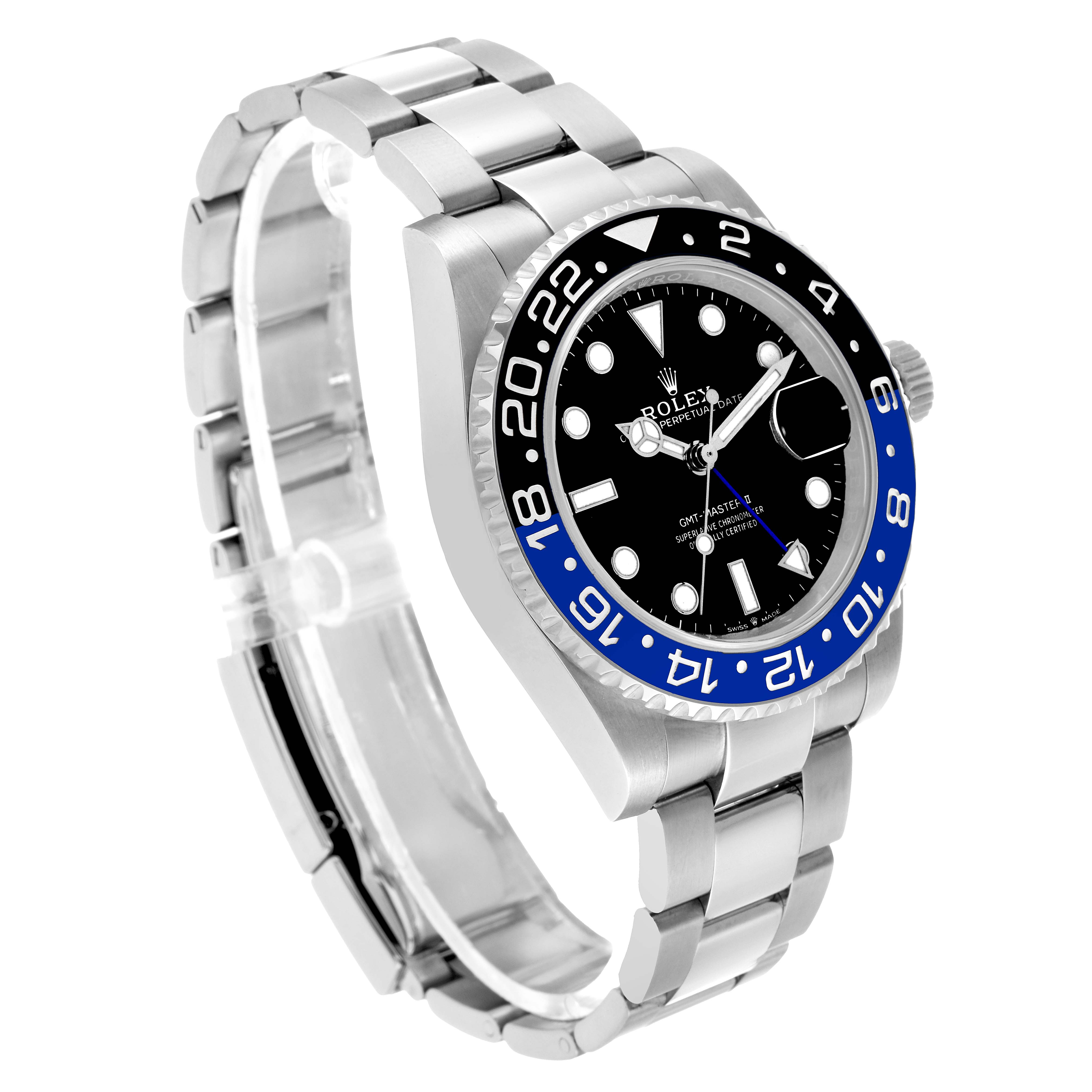 The Rolex GMT-Master 126710BLNR Men's Stainless Steel Black Dial is shown from a front-side angle, highlighting the bezel, dial, crown, and bracelet.