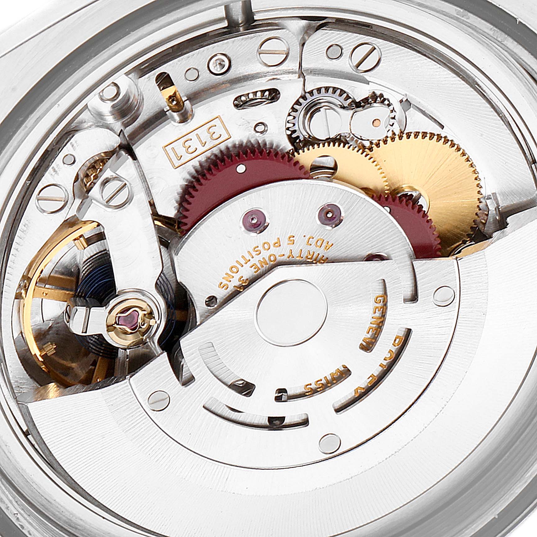 This close-up image shows the internal mechanism of a Rolex Milgauss 116400GV Men's Stainless Steel Black Dial 116400GV Men's Stainless Steel Black Dial watch, highlighting gears and intricate components.