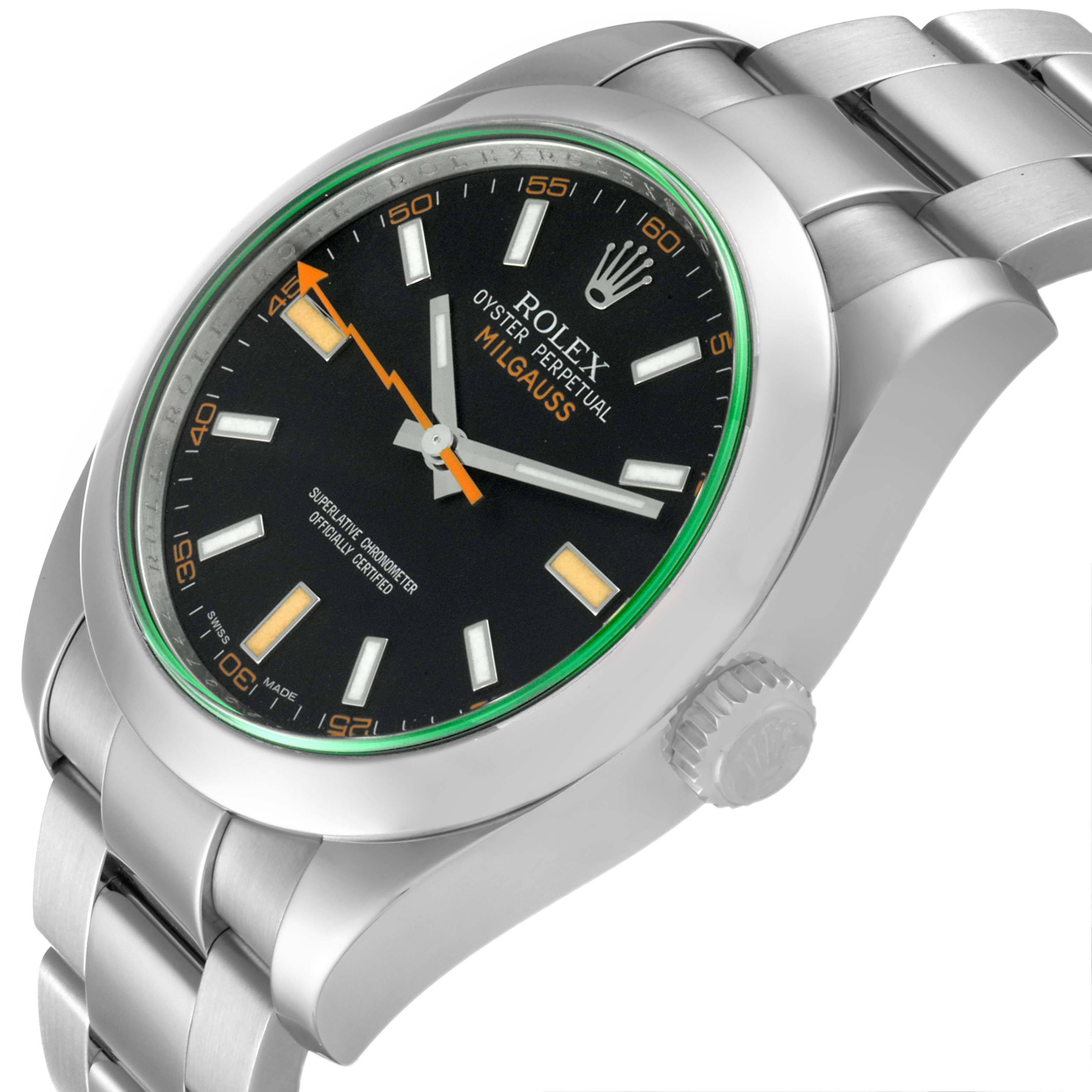 The image shows a side-angle view of the Rolex Milgauss 116400GV Men's Stainless Steel Black Dial 116400GV Men's Stainless Steel Black Dial watch, highlighting the face, bezel, case, and a portion of the bracelet.