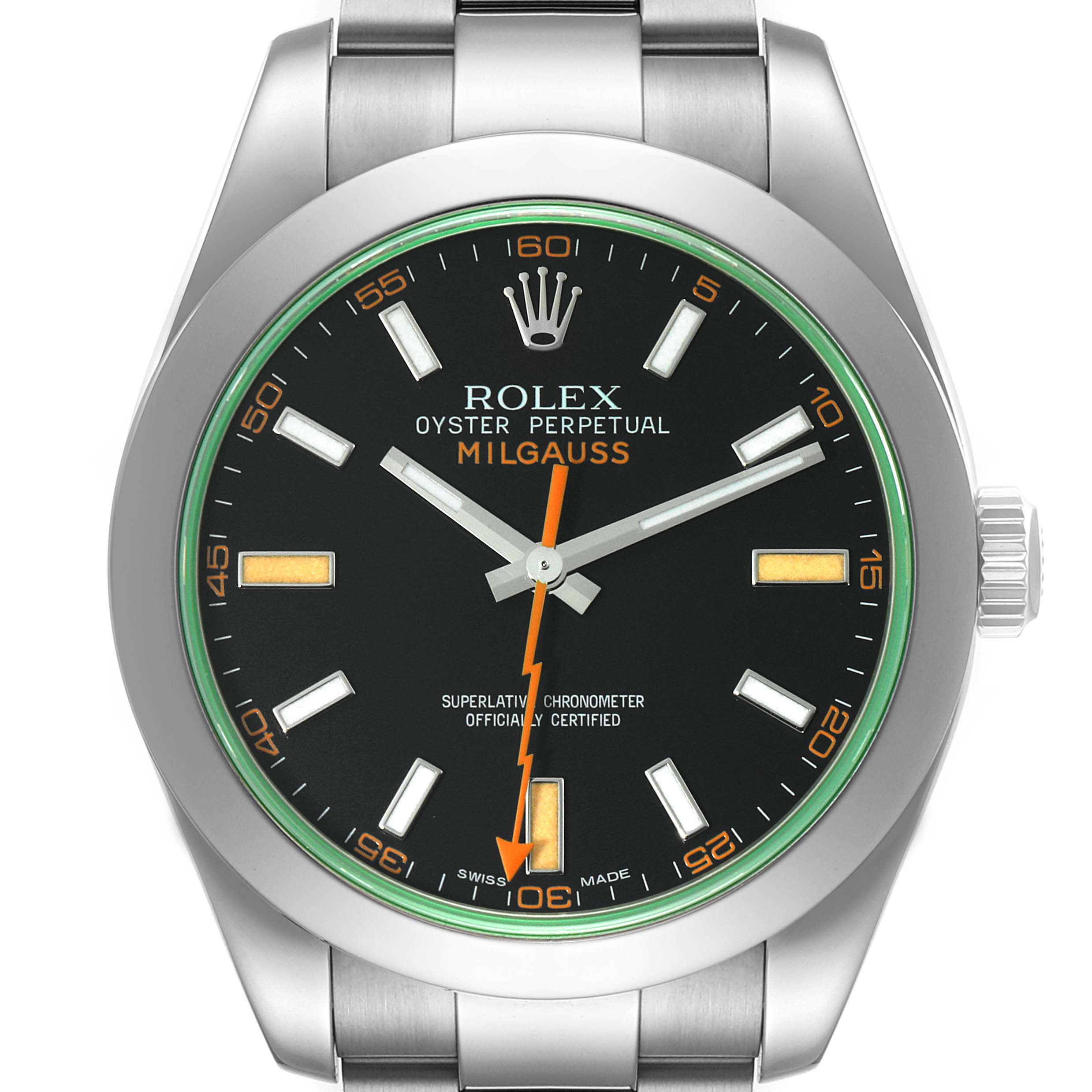 This Rolex Milgauss 116400GV Men's Stainless Steel Black Dial 116400GV Men's Stainless Steel Black Dial watch is shown from a front angle, highlighting its black dial, green sapphire crystal, and stainless steel bracelet.