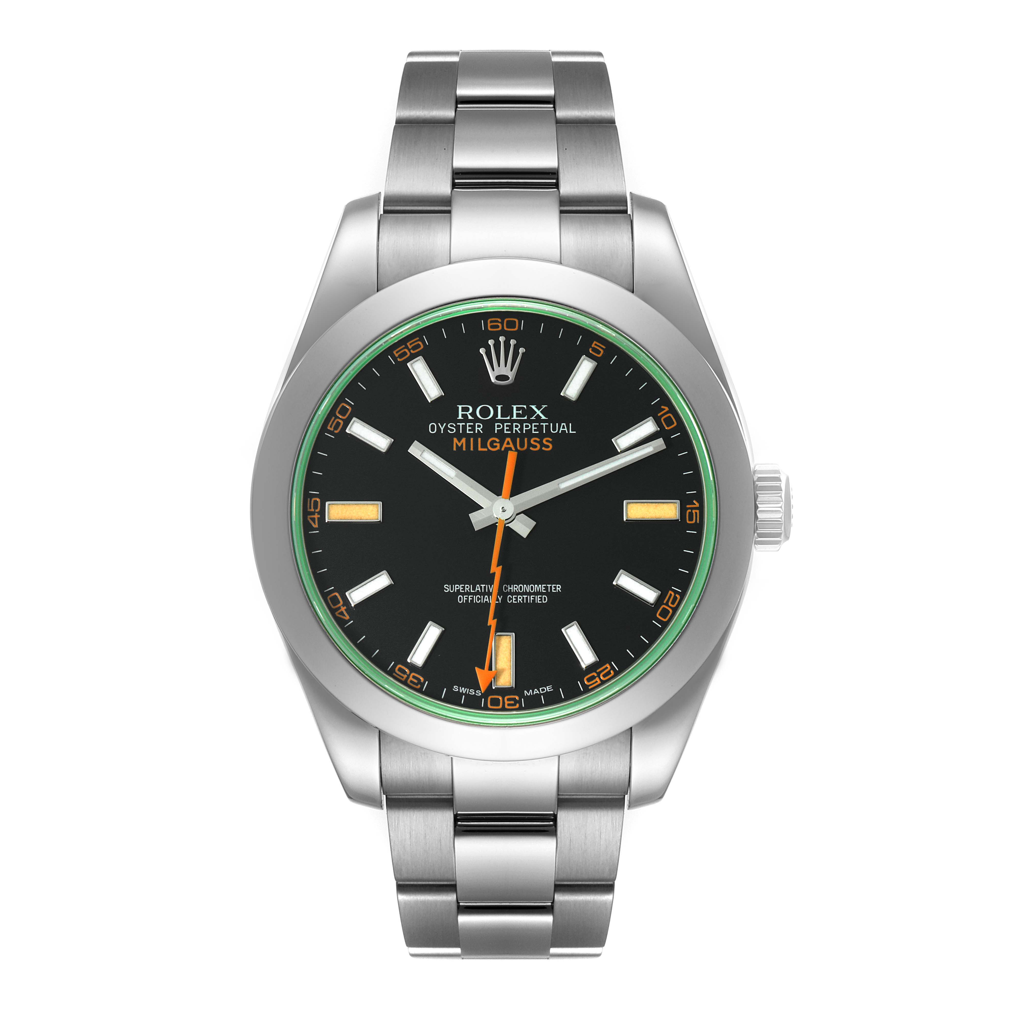 The image shows a front view of the Rolex Milgauss 116400GV Men's Stainless Steel Black Dial 116400GV Men's Stainless Steel Black Dial watch, displaying its dial, case, and bracelet.