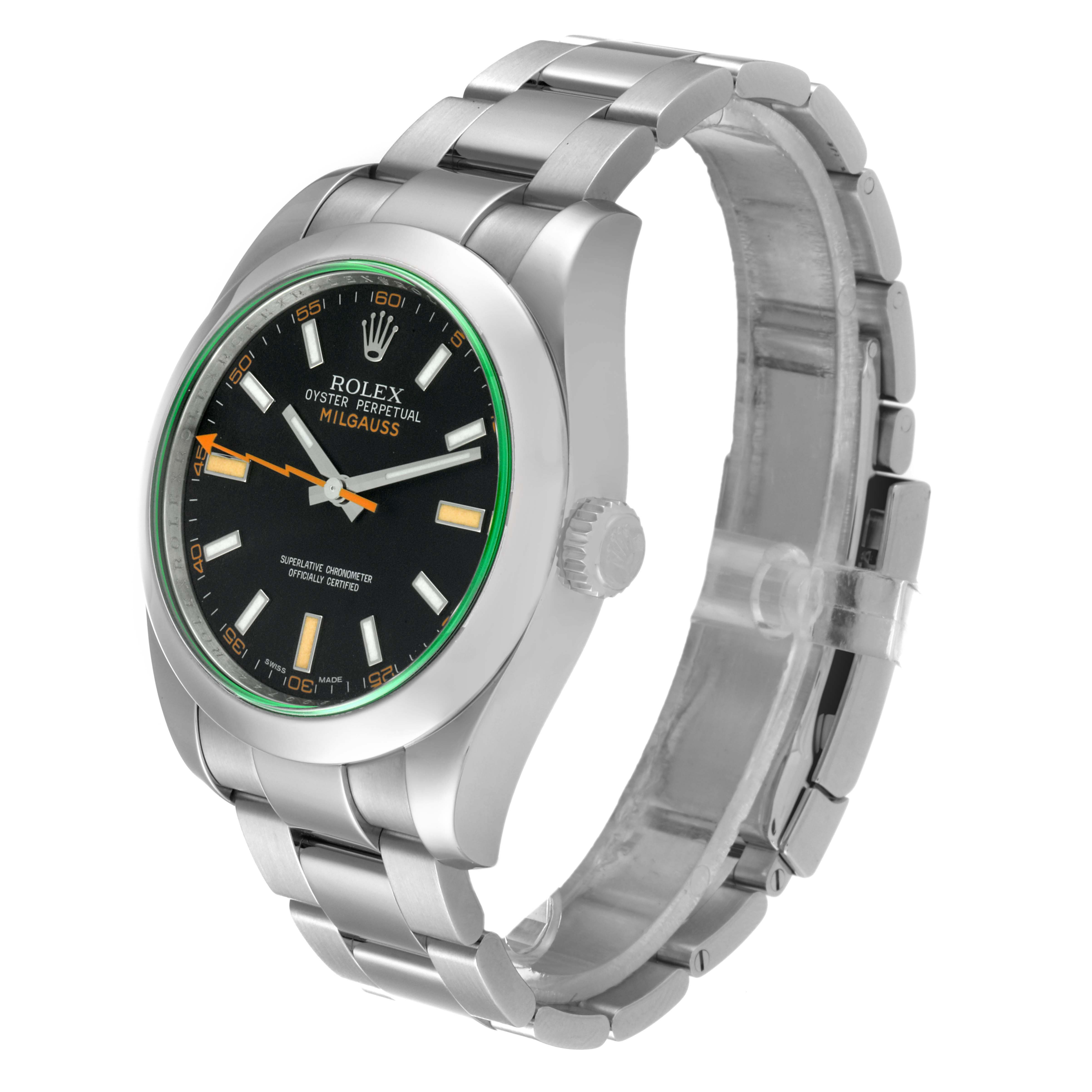 The Rolex Milgauss 116400GV Men's Stainless Steel Black Dial 116400GV Men's Stainless Steel Black Dial watch is shown at a three-quarter angle, displaying the face, bezel, crown, and stainless steel bracelet.