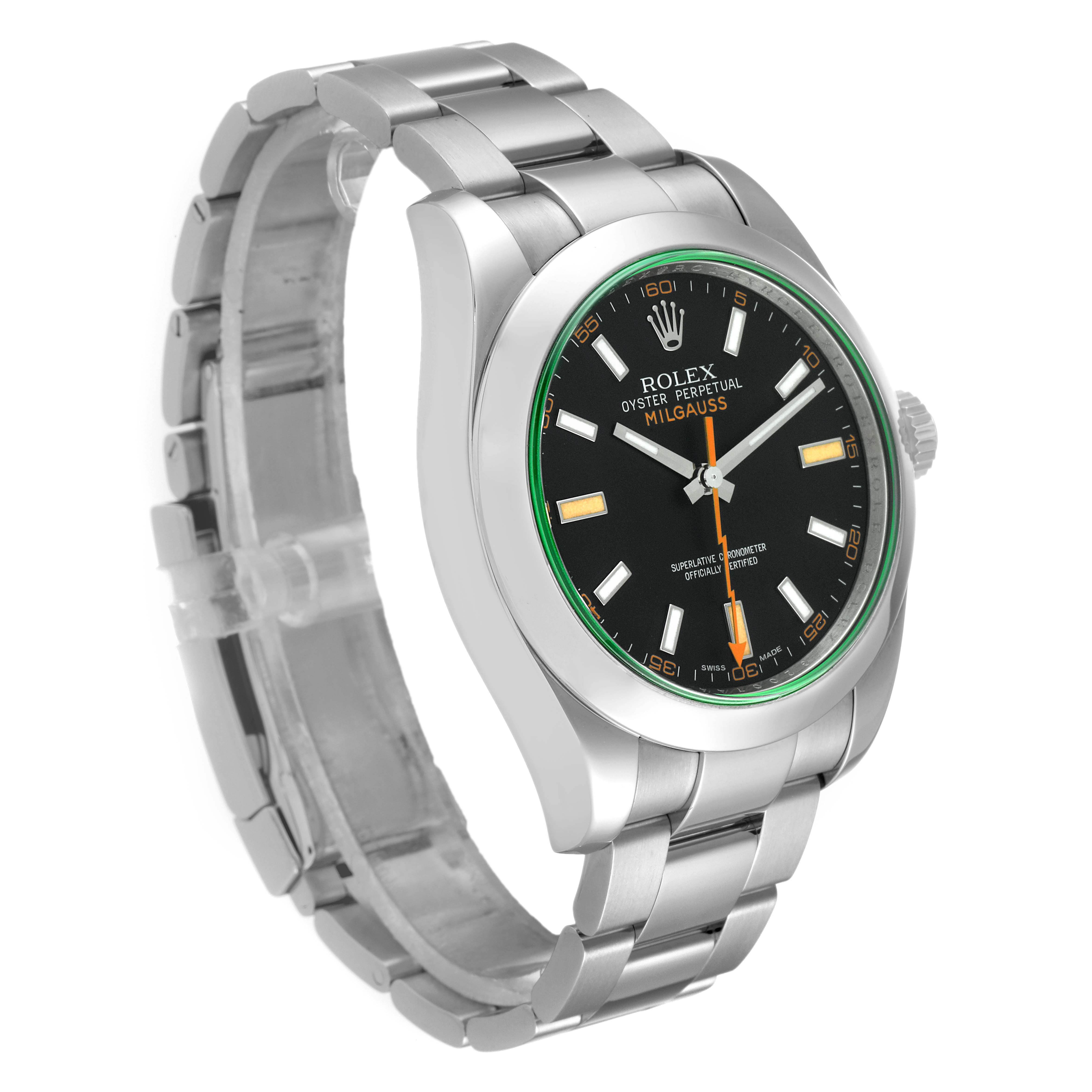 The image shows a side angle of the Rolex Milgauss 116400GV Men's Stainless Steel Black Dial 116400GV Men's Stainless Steel Black Dial watch, highlighting the black dial, green bezel, and stainless steel bracelet.