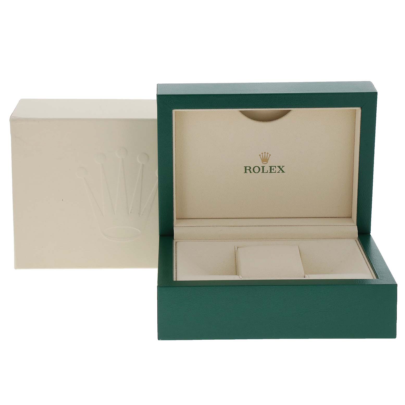 This image shows the open packaging box for the Rolex Milgauss 116400GV Men's Stainless Steel Black Dial 116400GV Men's Stainless Steel Black Dial model, revealing the luxury watch storage compartments.