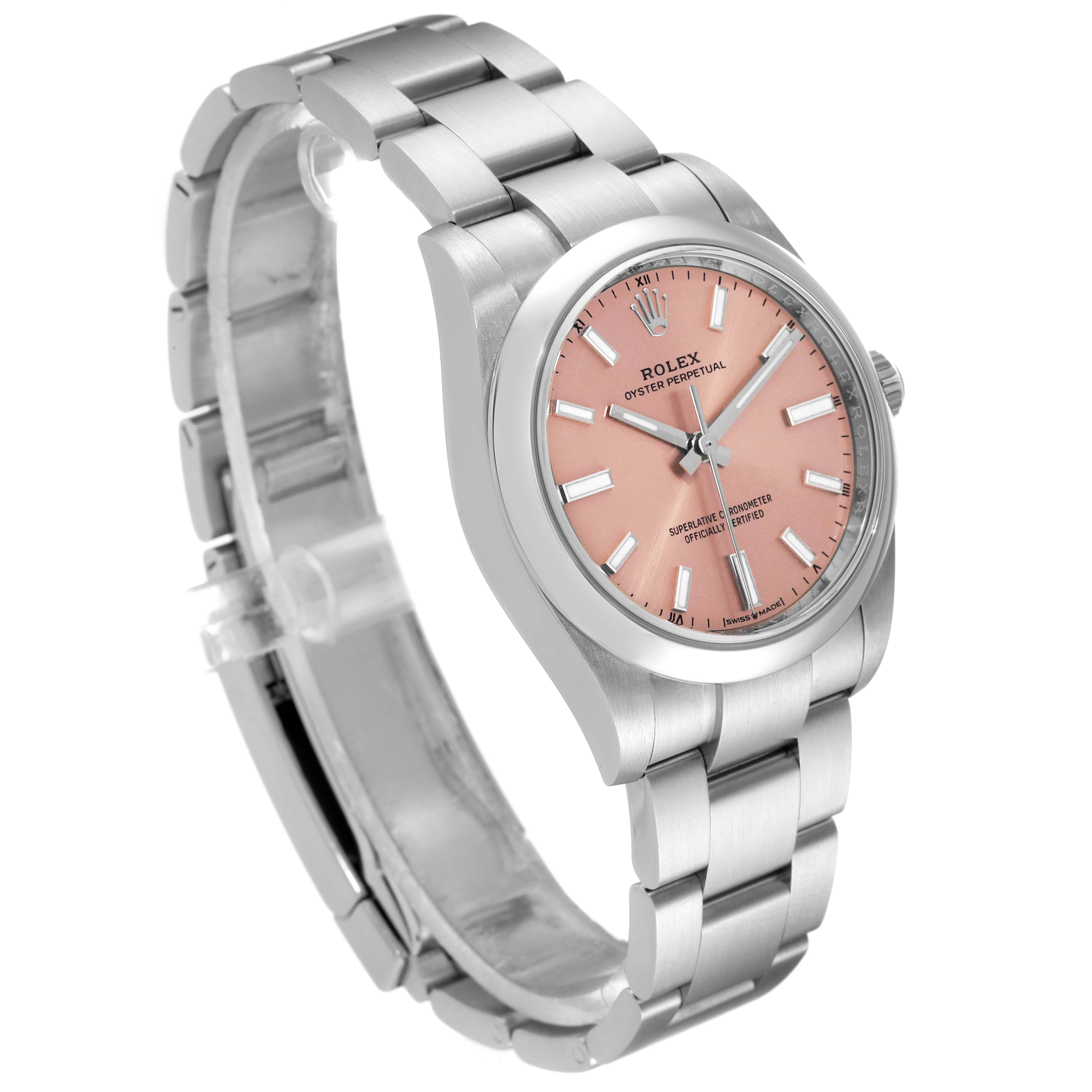 This image shows a Rolex Oyster Perpetual 124200 Men
s Stainless Steel Pink Dial 124200 Men
s Stainless Steel Pink Dial watch at an angled view, highlighting the face, band, and case.