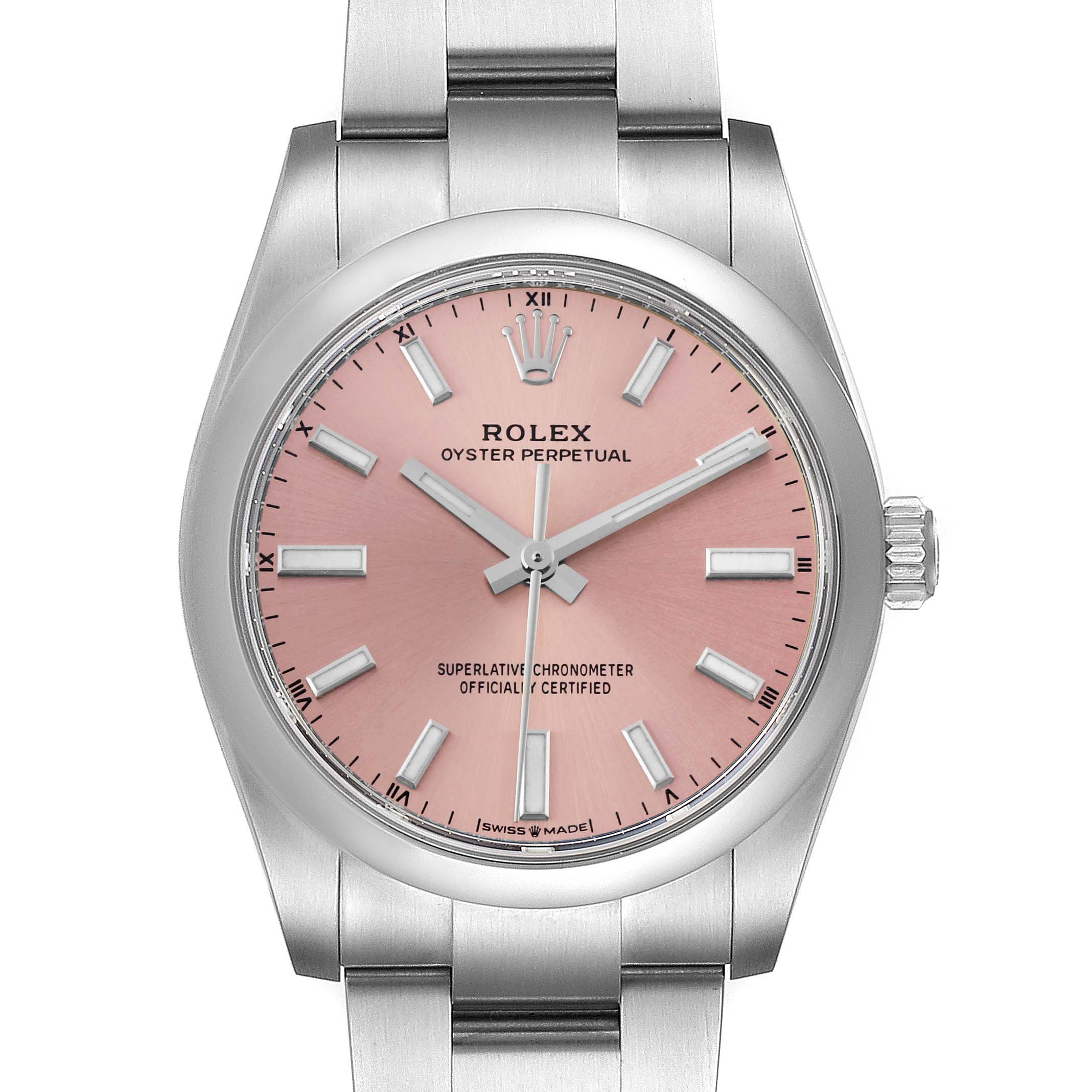 This image shows a frontal view of the Rolex Oyster Perpetual 124200 Men
s Stainless Steel Pink Dial 124200 Men
s Stainless Steel Pink Dial watch with a pink dial and silver hour markers and hands.