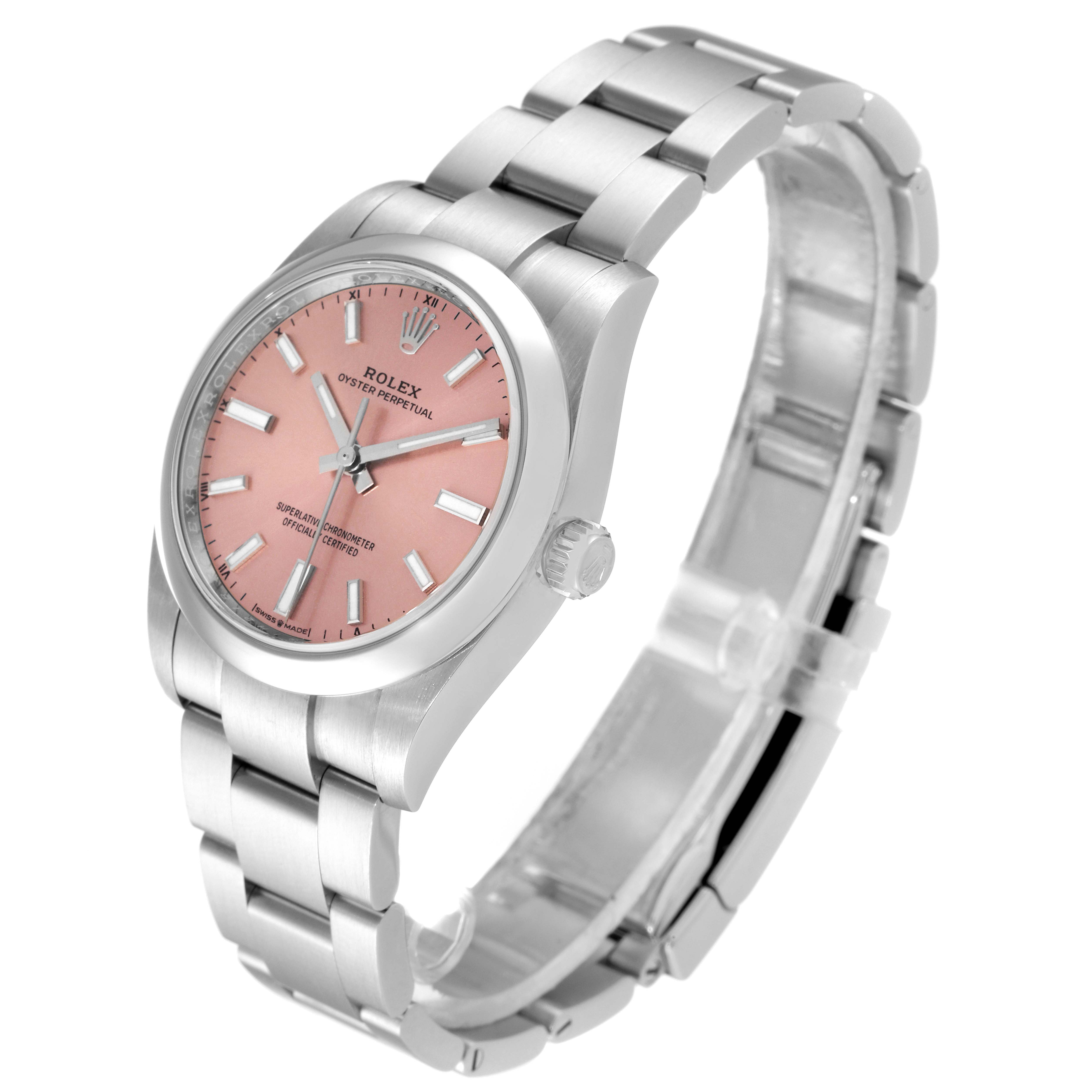 The image shows a side perspective of the Rolex Oyster Perpetual 124200 Men
s Stainless Steel Pink Dial 124200 Men
s Stainless Steel Pink Dial watch with a pink dial and stainless steel bracelet.