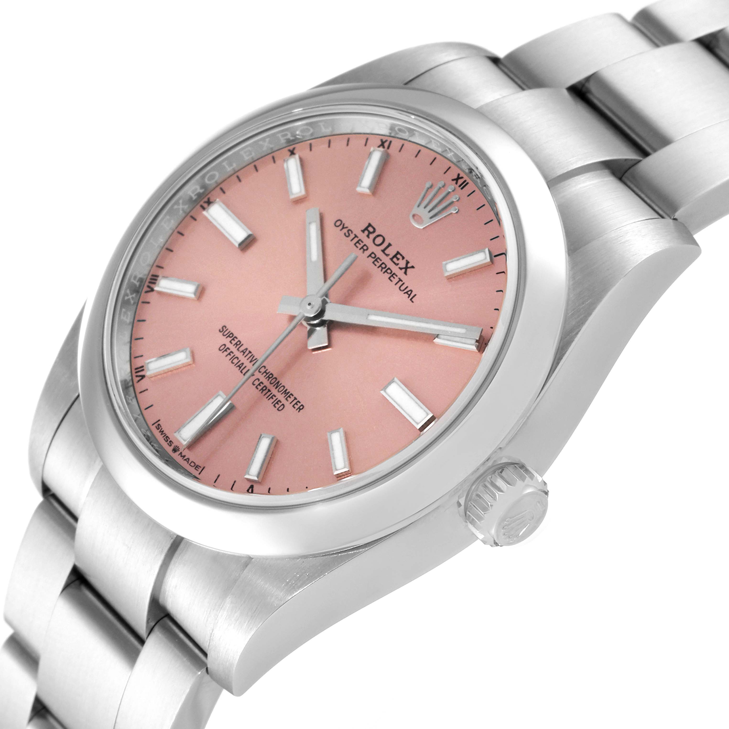 The image shows a Rolex Oyster Perpetual 124200 Men
s Stainless Steel Pink Dial 124200 Men
s Stainless Steel Pink Dial watch at a slight angle, focusing on the dial, case, and part of the bracelet.