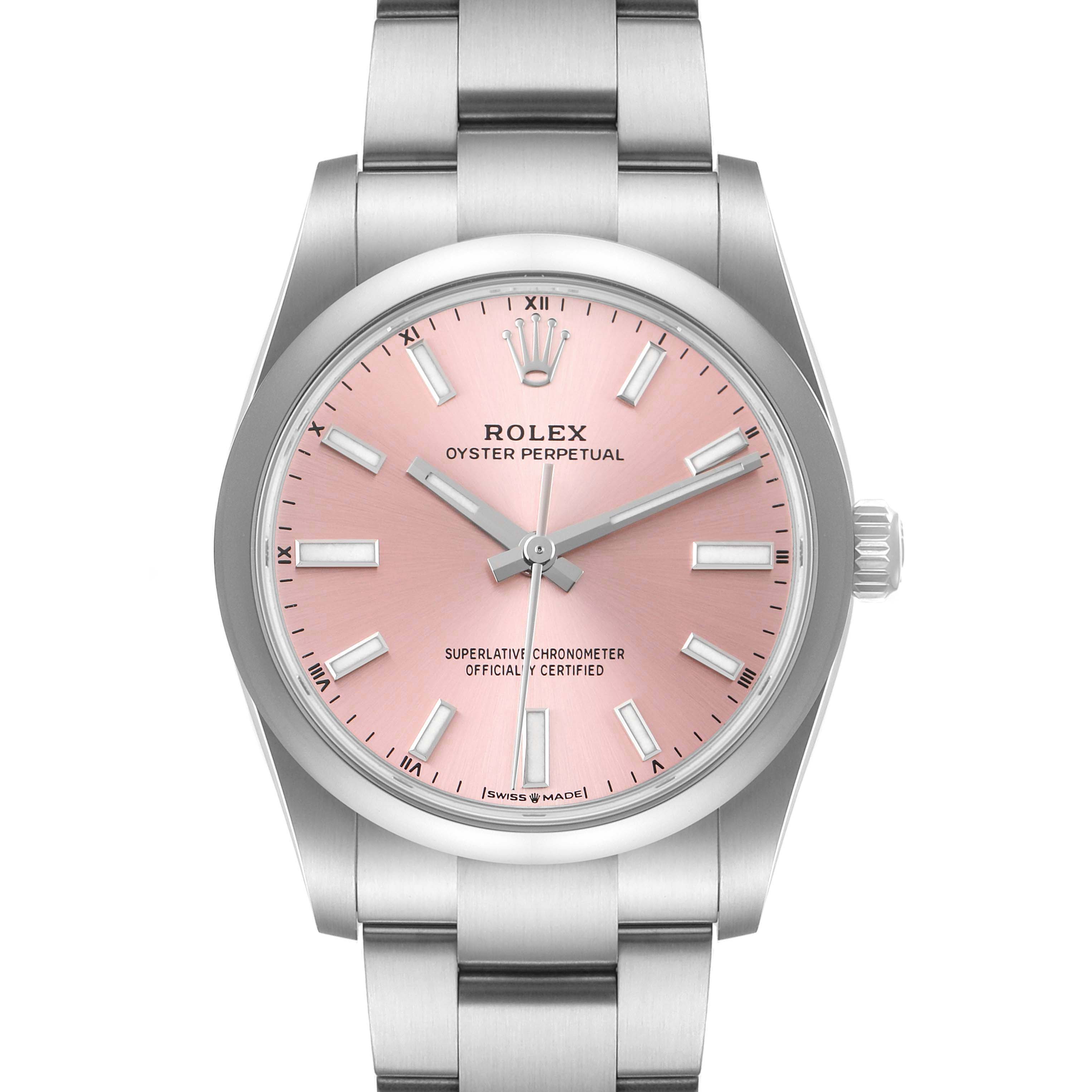 The image shows a front view of a Rolex Oyster Perpetual 124200 Men's Stainless Steel Pink Dial 124200 Men's Stainless Steel Pink Dial watch with a pink dial and stainless steel bracelet.