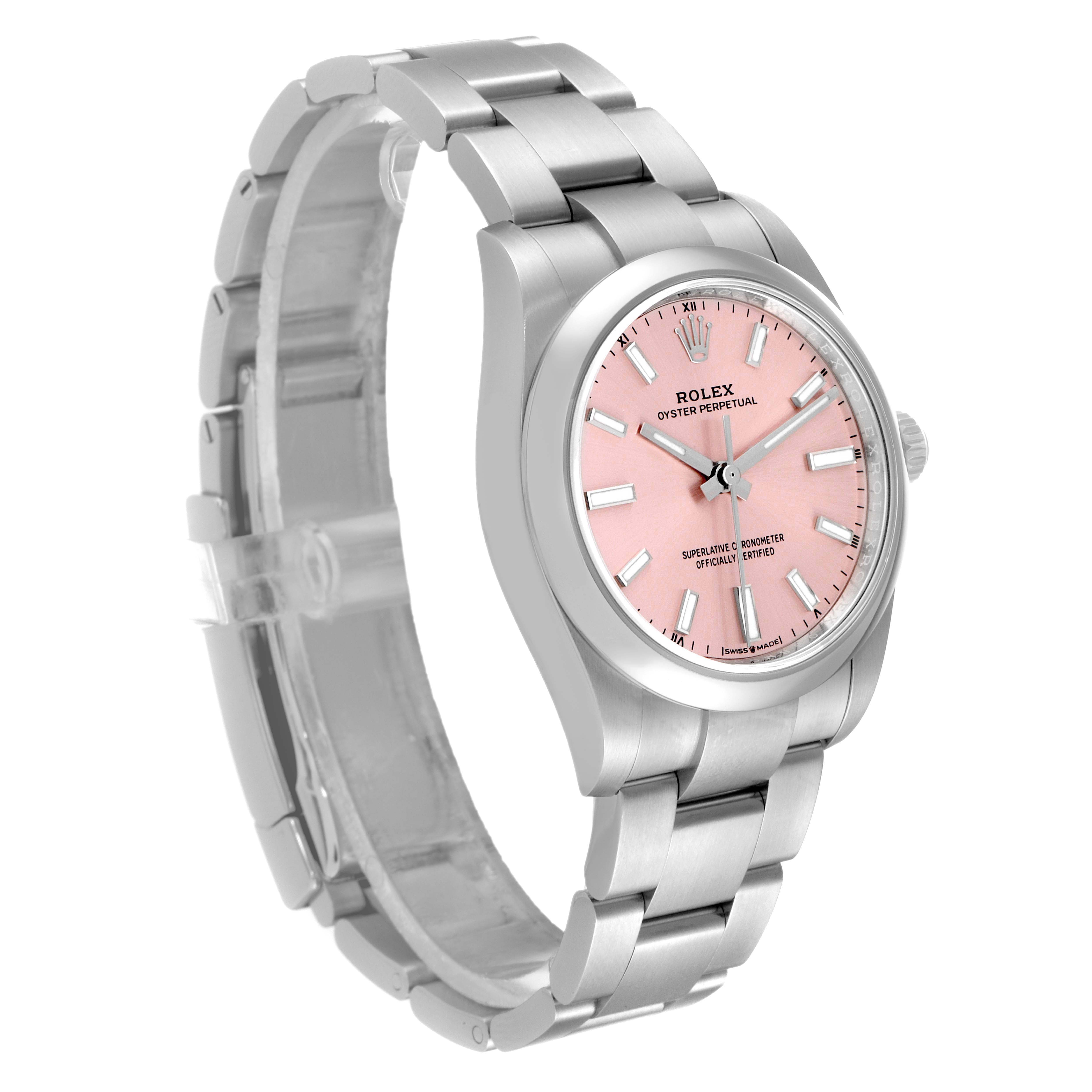 This image shows a Rolex Oyster Perpetual 124200 Men's Stainless Steel Pink Dial 124200 Men's Stainless Steel Pink Dial watch at a 45-degree angle, highlighting its pink dial and stainless steel band.