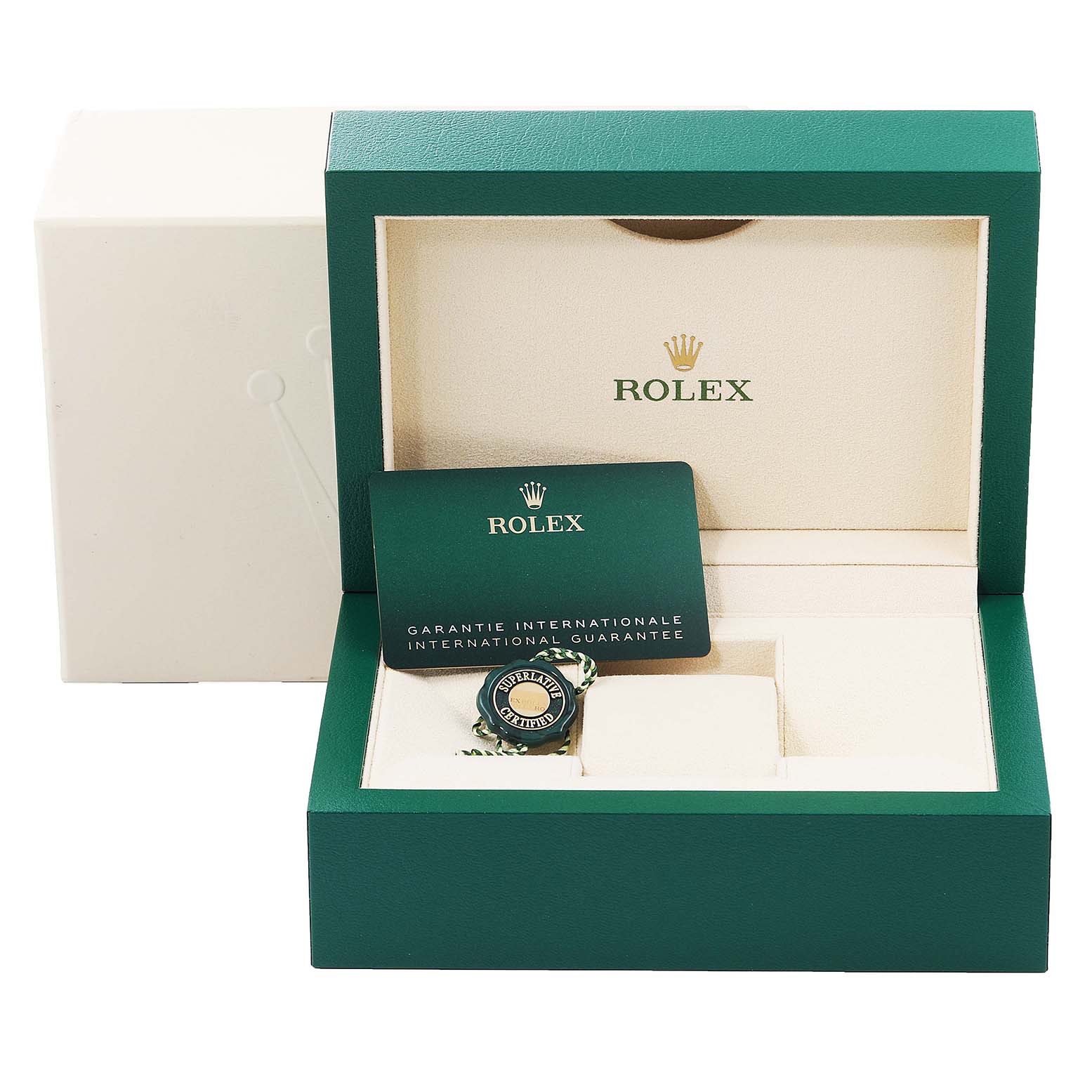 This image shows the open packaging of a Rolex Oyster Perpetual 124200 Men's Stainless Steel Pink Dial 124200 Men's Stainless Steel Pink Dial, including the box and warranty card.