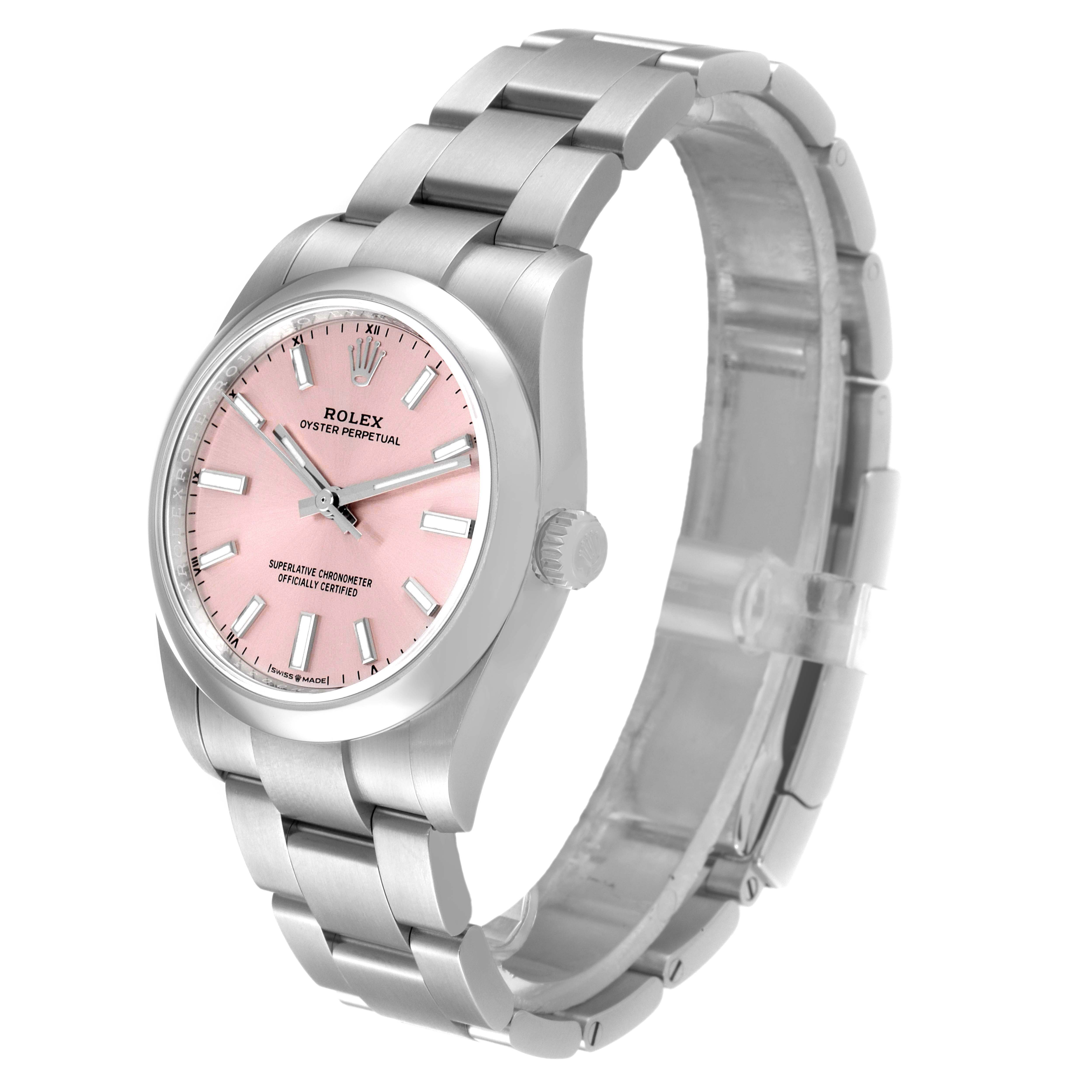 This image shows a Rolex Oyster Perpetual 124200 Men's Stainless Steel Pink Dial 124200 Men's Stainless Steel Pink Dial watch from a side angle, highlighting the pink dial, bezel, and metal bracelet.