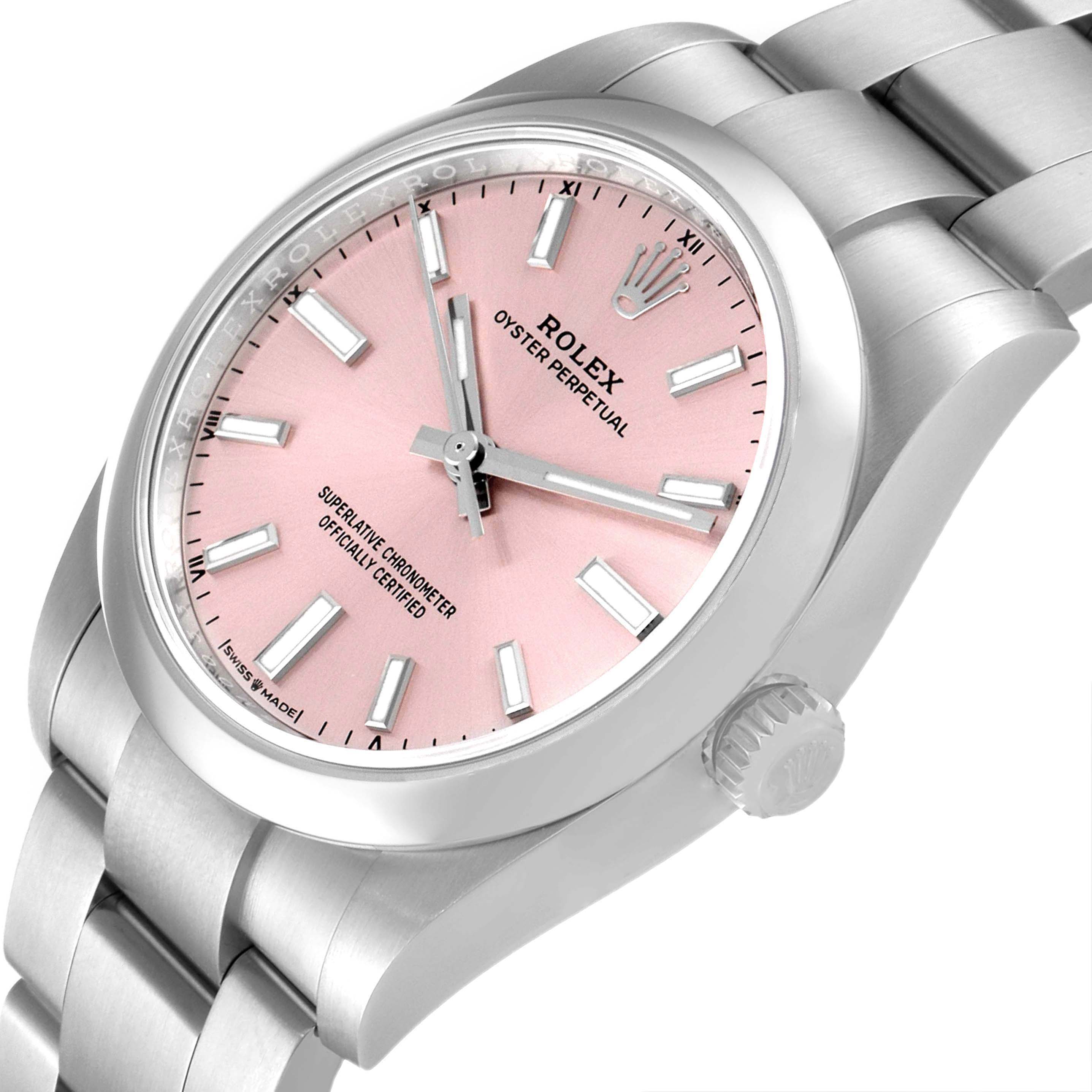 This image shows a Rolex Oyster Perpetual 124200 Men's Stainless Steel Pink Dial 124200 Men's Stainless Steel Pink Dial watch at an angled view, highlighting the pink dial, case, and bracelet.