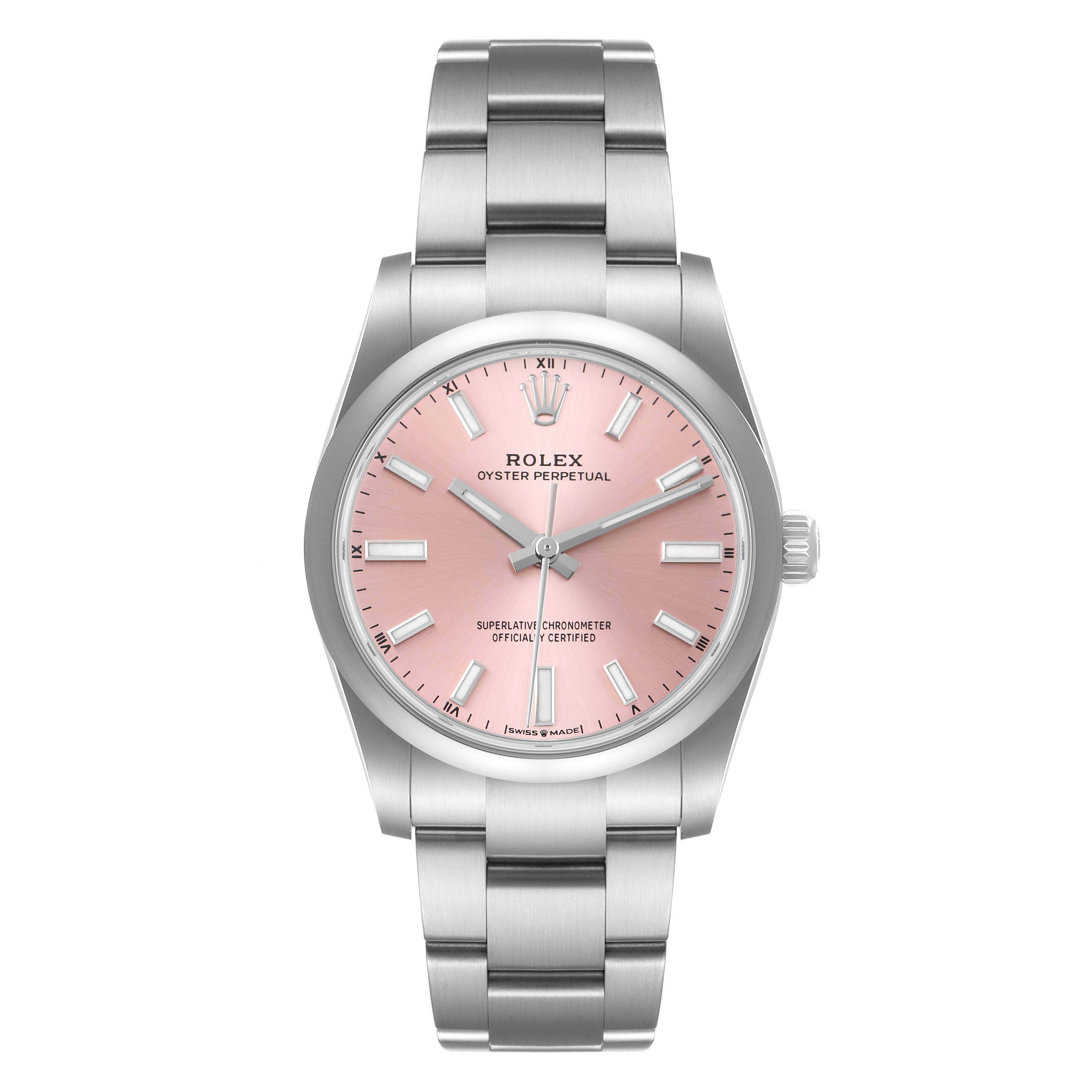 The image shows a front view of the Rolex Oyster Perpetual 124200 Men's Stainless Steel Pink Dial 124200 Men's Stainless Steel Pink Dial watch, highlighting its pink dial and stainless steel bracelet.