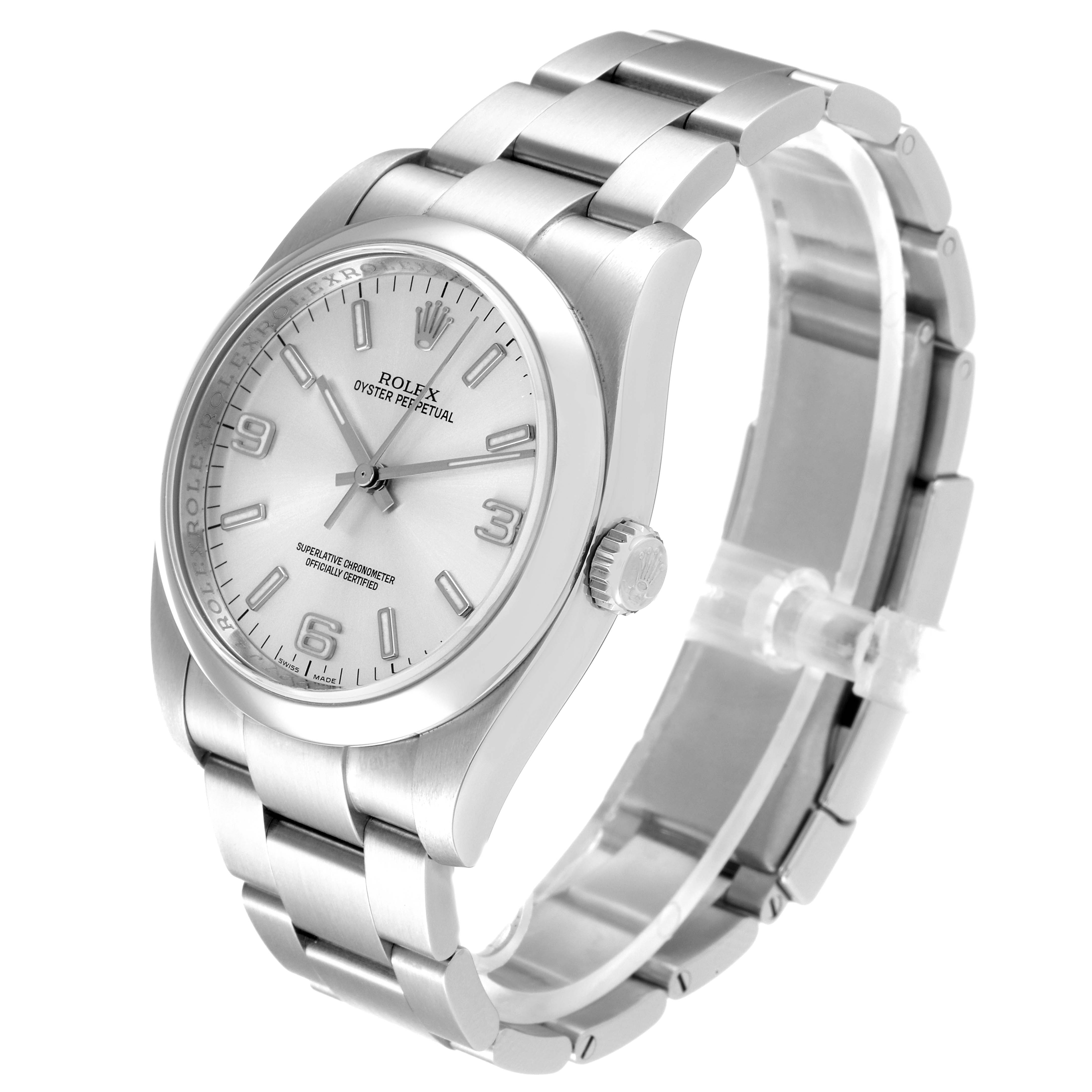 The image shows a Rolex Oyster Perpetual 116000 Men's Stainless Steel Silver Dial 116000 Men's Stainless Steel Silver Dial watch at a three-quarter angle, displaying the face, crown, and bracelet.