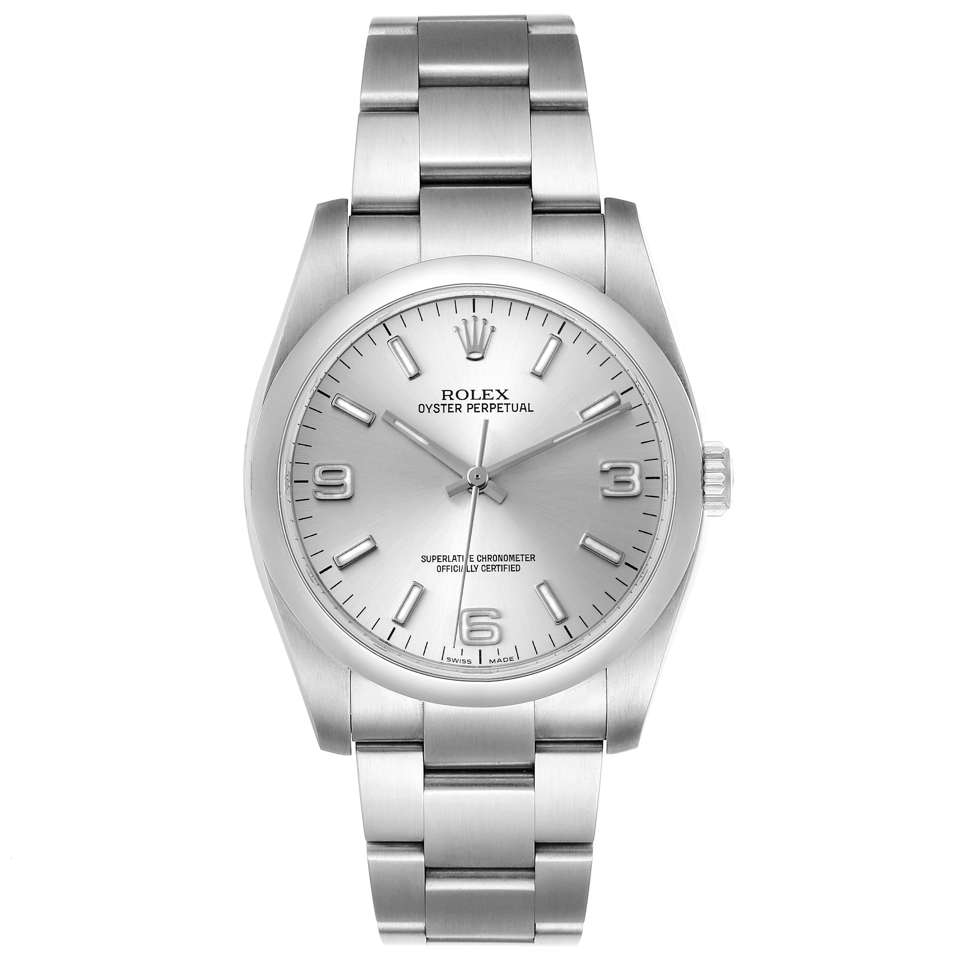 This is a front view of a Rolex Oyster Perpetual 116000 Men's Stainless Steel Silver Dial 116000 Men's Stainless Steel Silver Dial watch, showing the face, bezel, and bracelet.