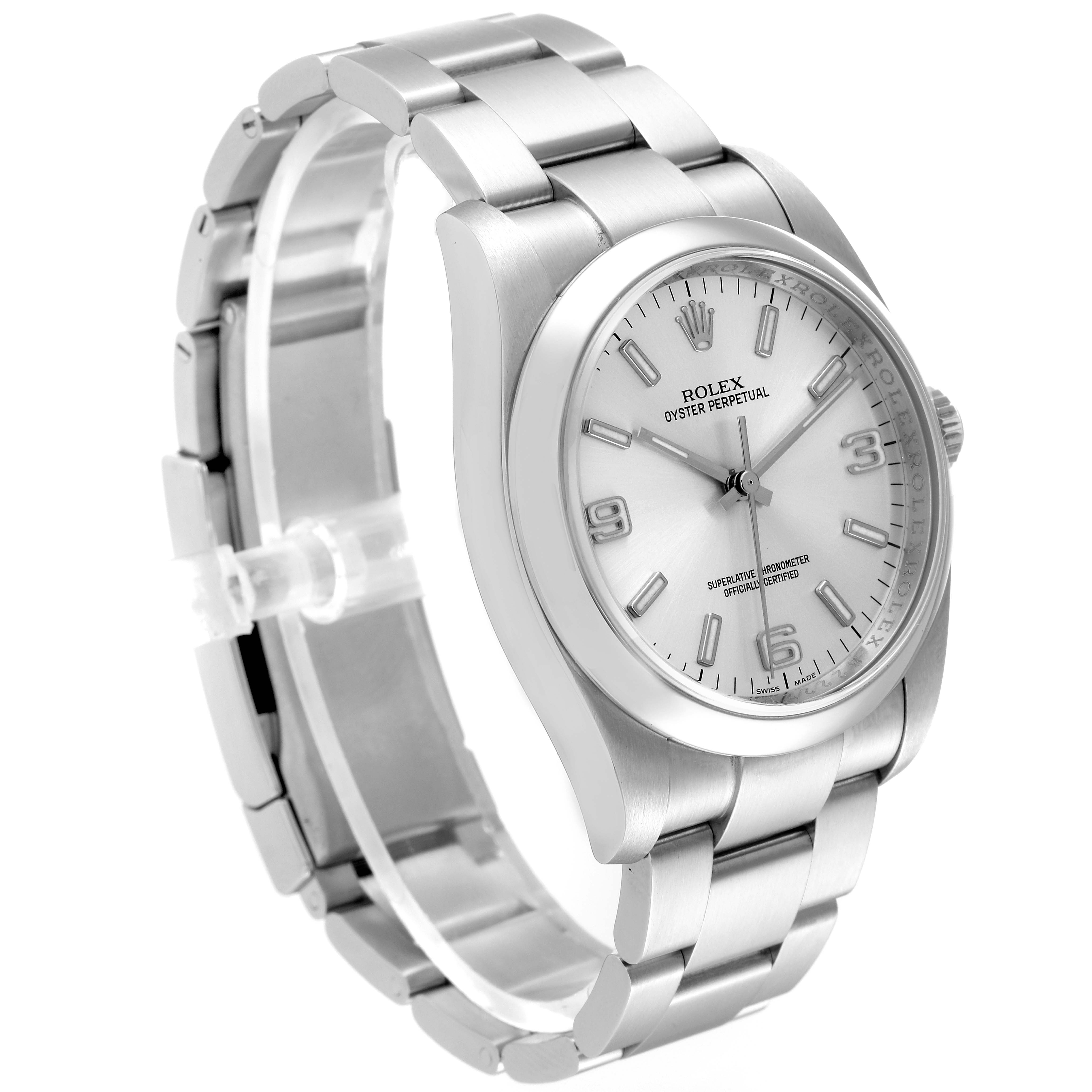 The image shows a Rolex Oyster Perpetual 116000 Men's Stainless Steel Silver Dial 116000 Men's Stainless Steel Silver Dial watch from a three-quarter angle, highlighting the face, bezel, and bracelet.