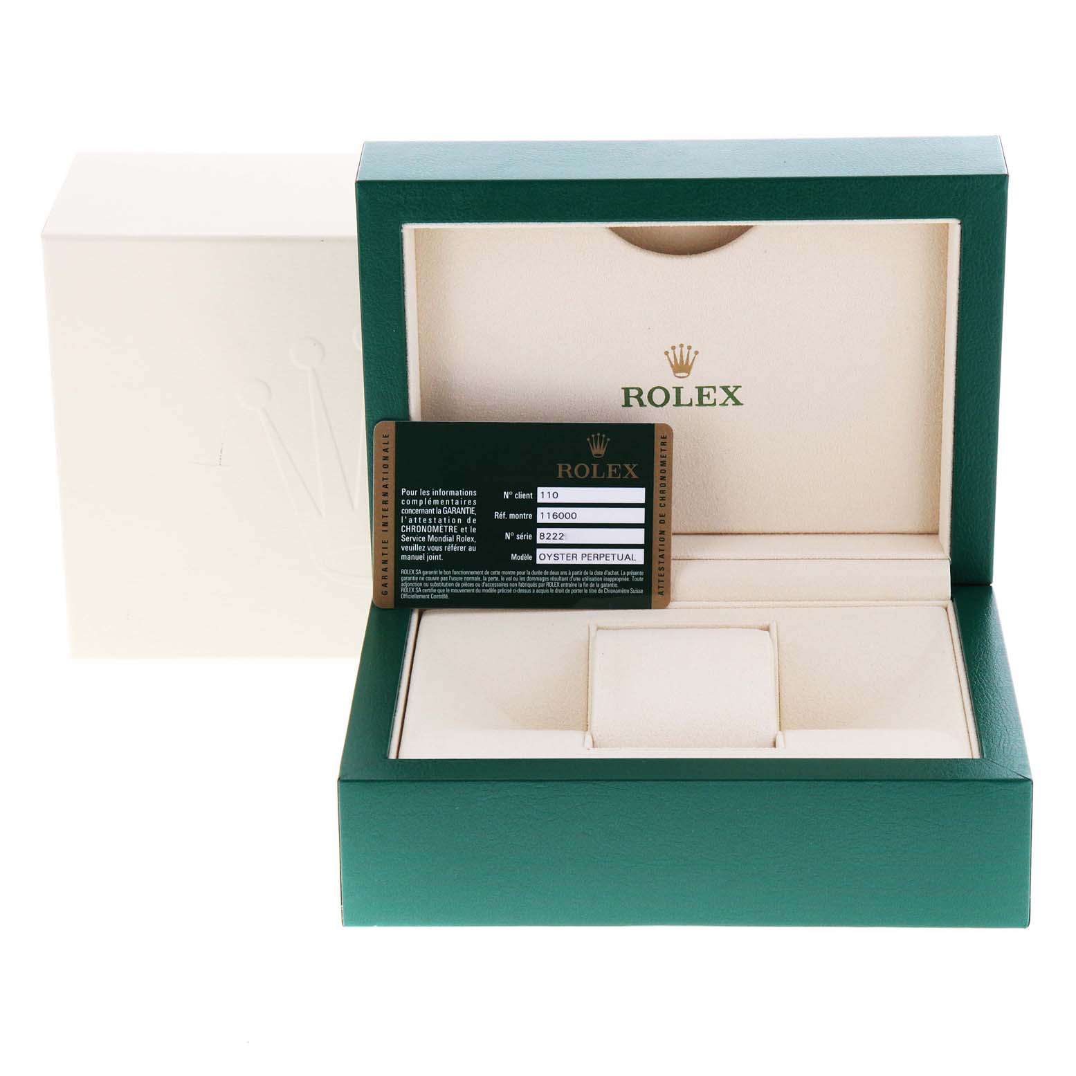 The image shows a Rolex Oyster Perpetual 116000 Men's Stainless Steel Silver Dial 116000 Men's Stainless Steel Silver Dial model watch box, including the warranty card and inner and outer boxes.