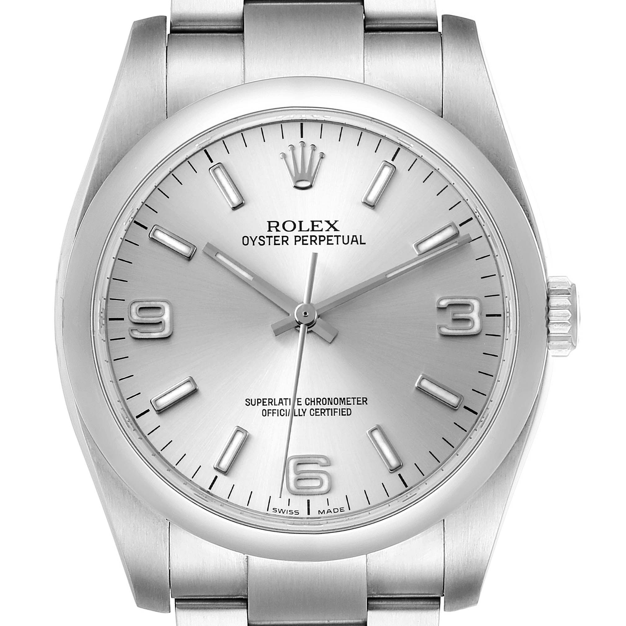 This image shows a front view of a Rolex Oyster Perpetual 116000 Men's Stainless Steel Silver Dial 116000 Men's Stainless Steel Silver Dial watch, highlighting the dial, hands, bezel, and bracelet.