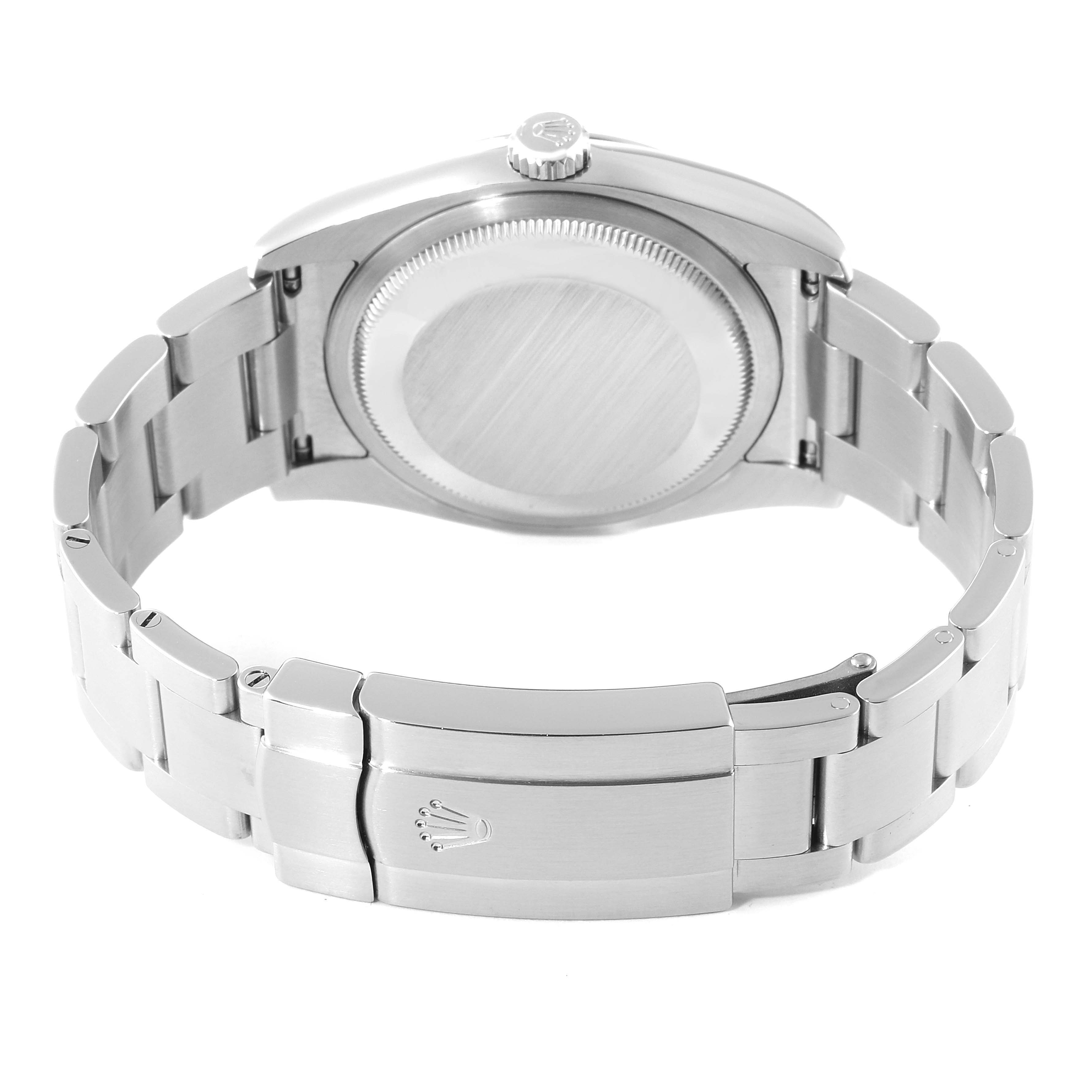 This image shows the back and clasp of a Rolex Oyster Perpetual 116000 Men's Stainless Steel Silver Dial 116000 Men's Stainless Steel Silver Dial watch, highlighting its stainless steel bracelet.