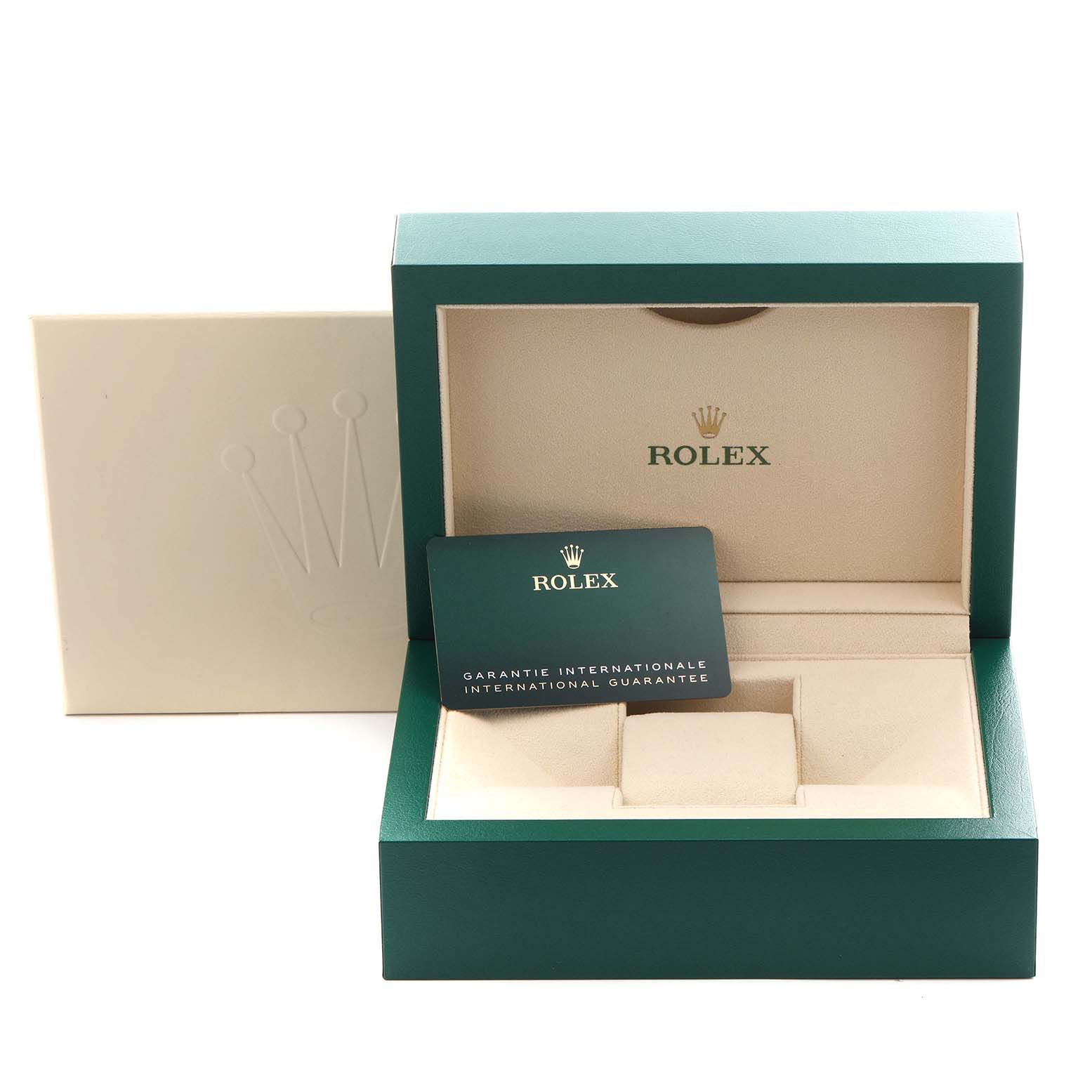 The image shows the open box and warranty card for a Rolex Air-King 126900 Men's Stainless Steel Black Dial 126900 Men's Stainless Steel Black Dial, with no watch visible.