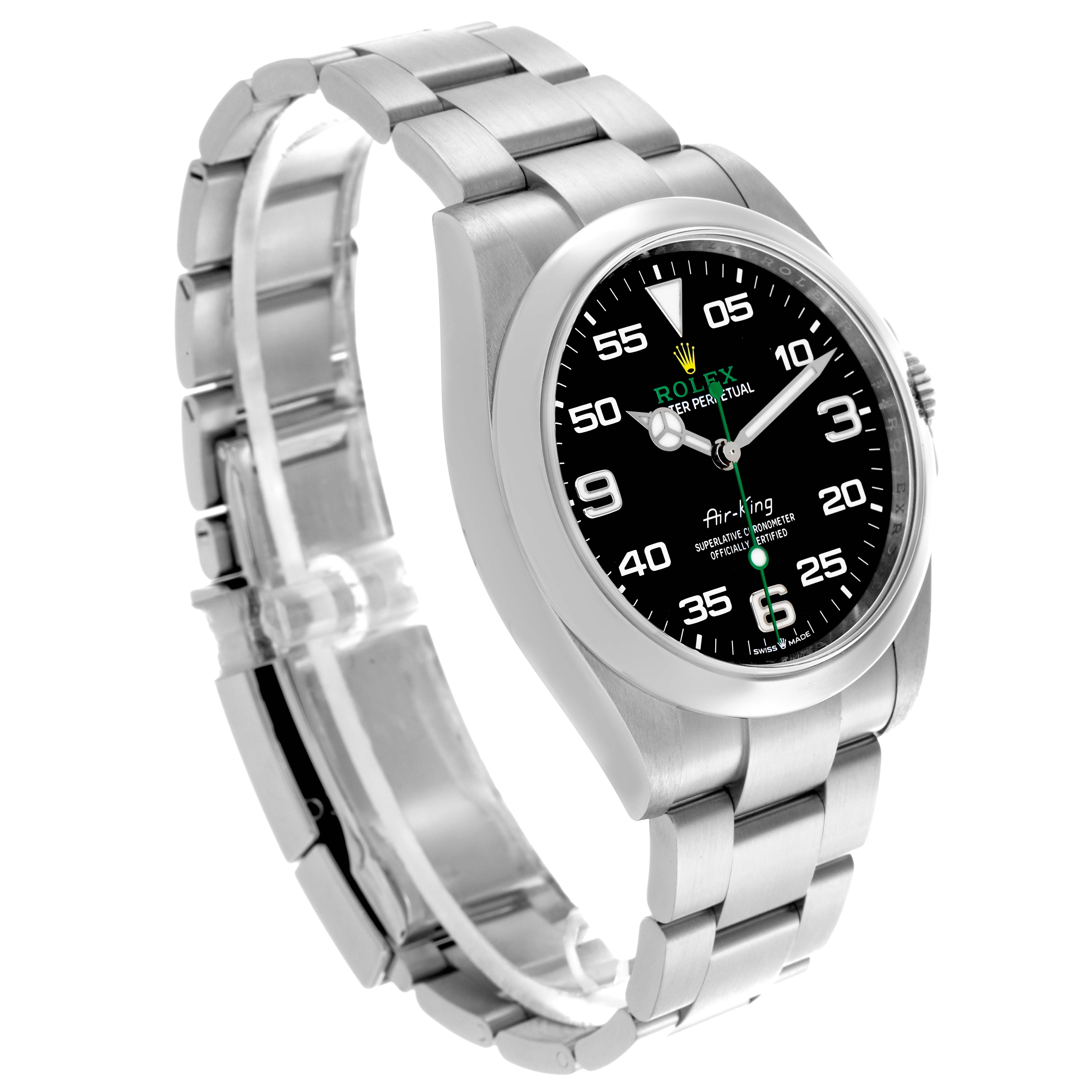 The Rolex Air-King 126900 Men's Stainless Steel Black Dial 126900 Men's Stainless Steel Black Dial watch is shown at a slight angle, highlighting its face, bezel, and bracelet.