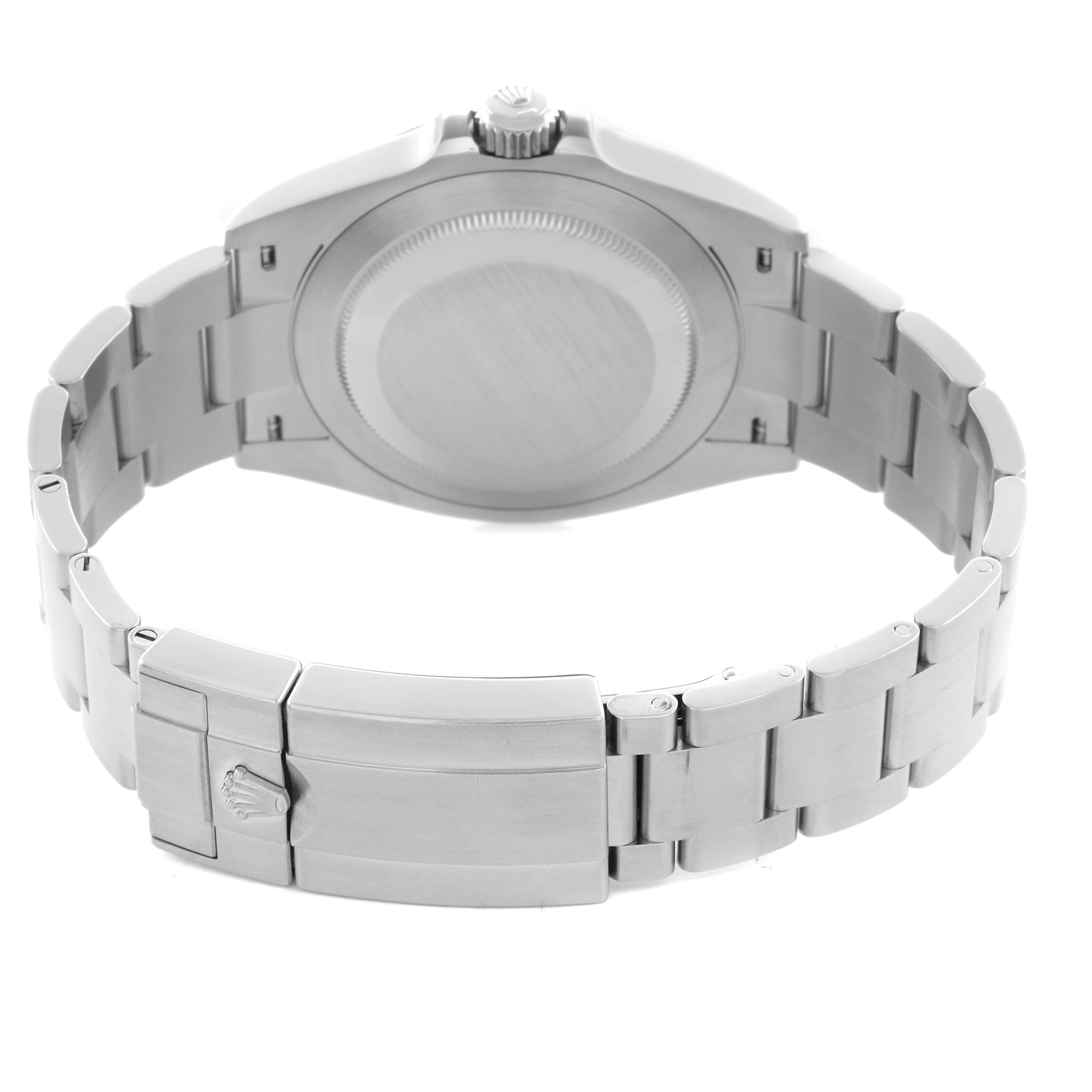 The Rolex Air-King 126900 Men's Stainless Steel Black Dial 126900 Men's Stainless Steel Black Dial watch is shown from the back, highlighting the case back, bracelet, and clasp.