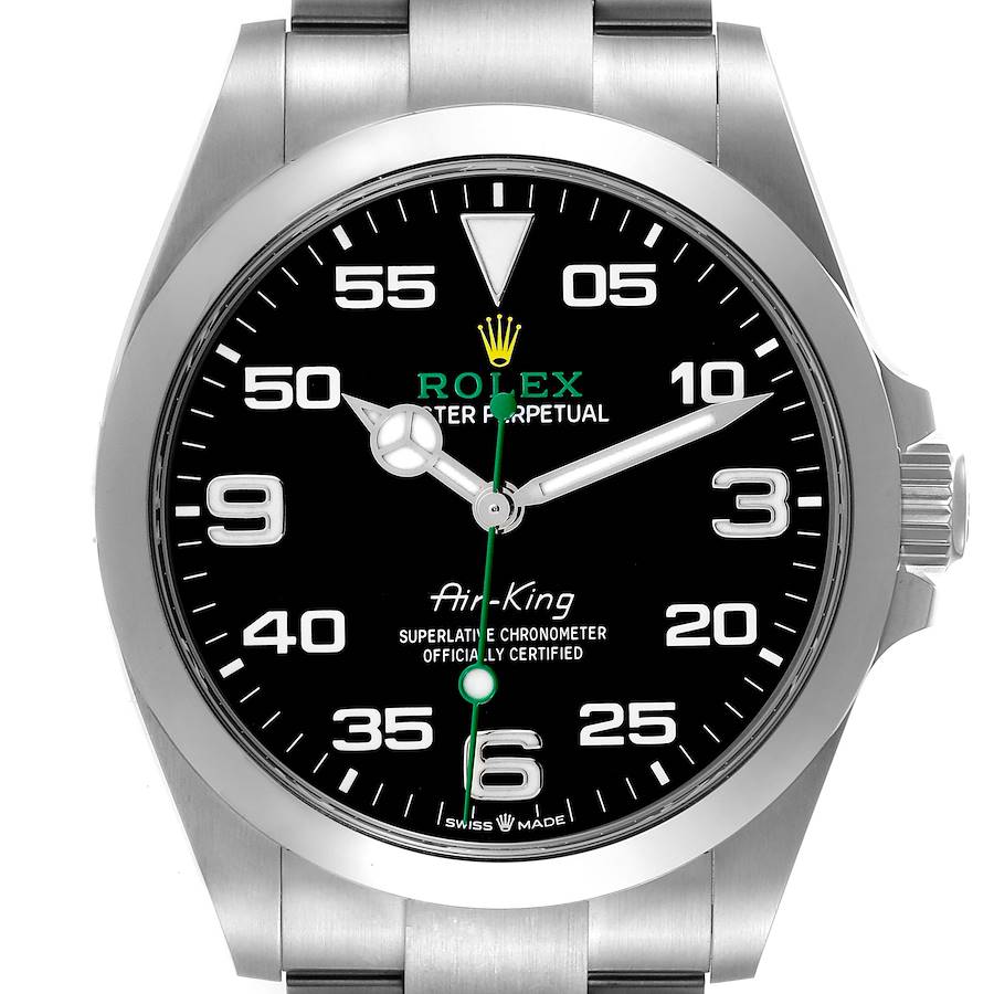 The Rolex Air-King watch is shown from a front angle, displaying the dial, hands, and part of the bracelet.