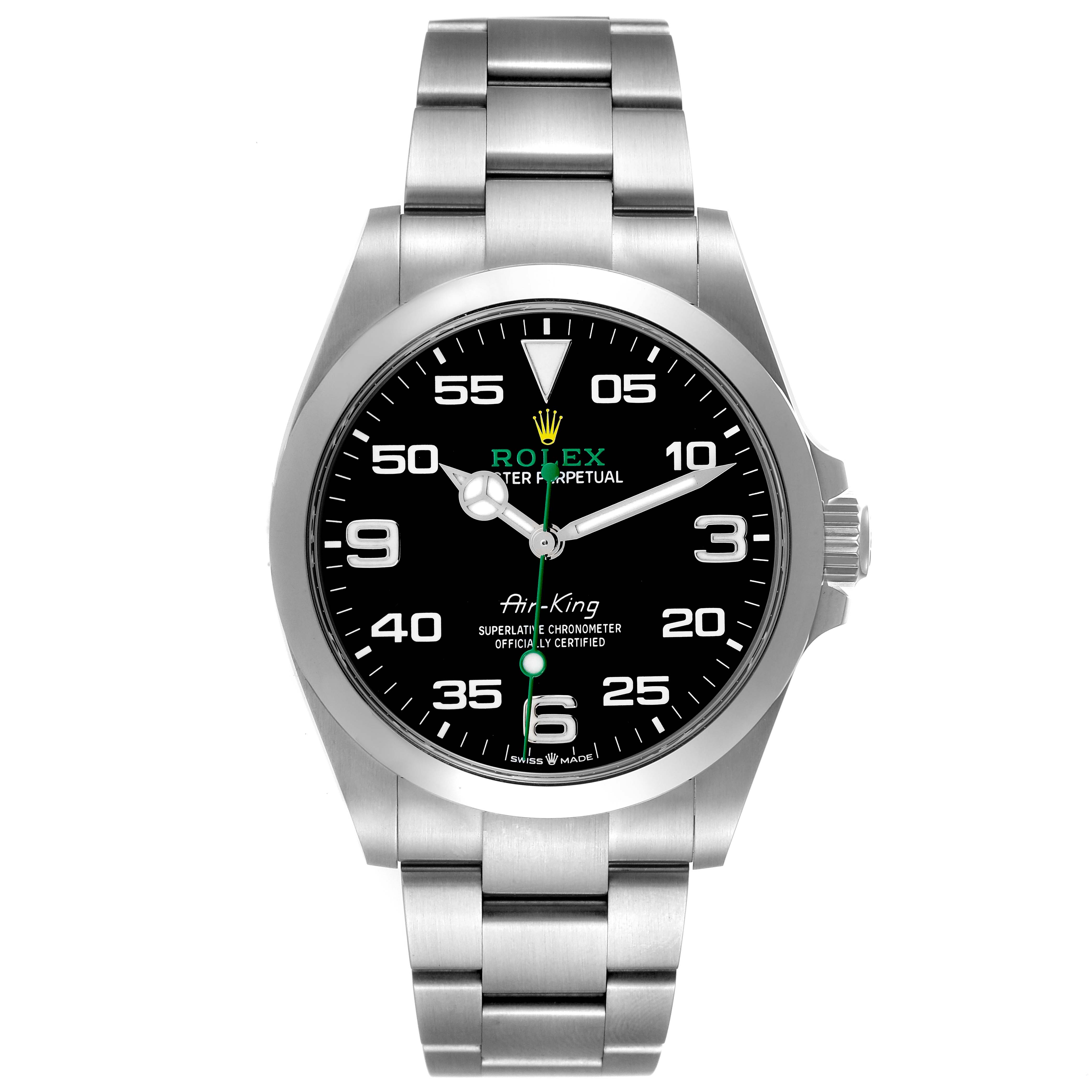 The Rolex Air-King 126900 Men's Stainless Steel Black Dial 126900 Men's Stainless Steel Black Dial watch is shown from a front view, highlighting the dial, bezel, and bracelet.