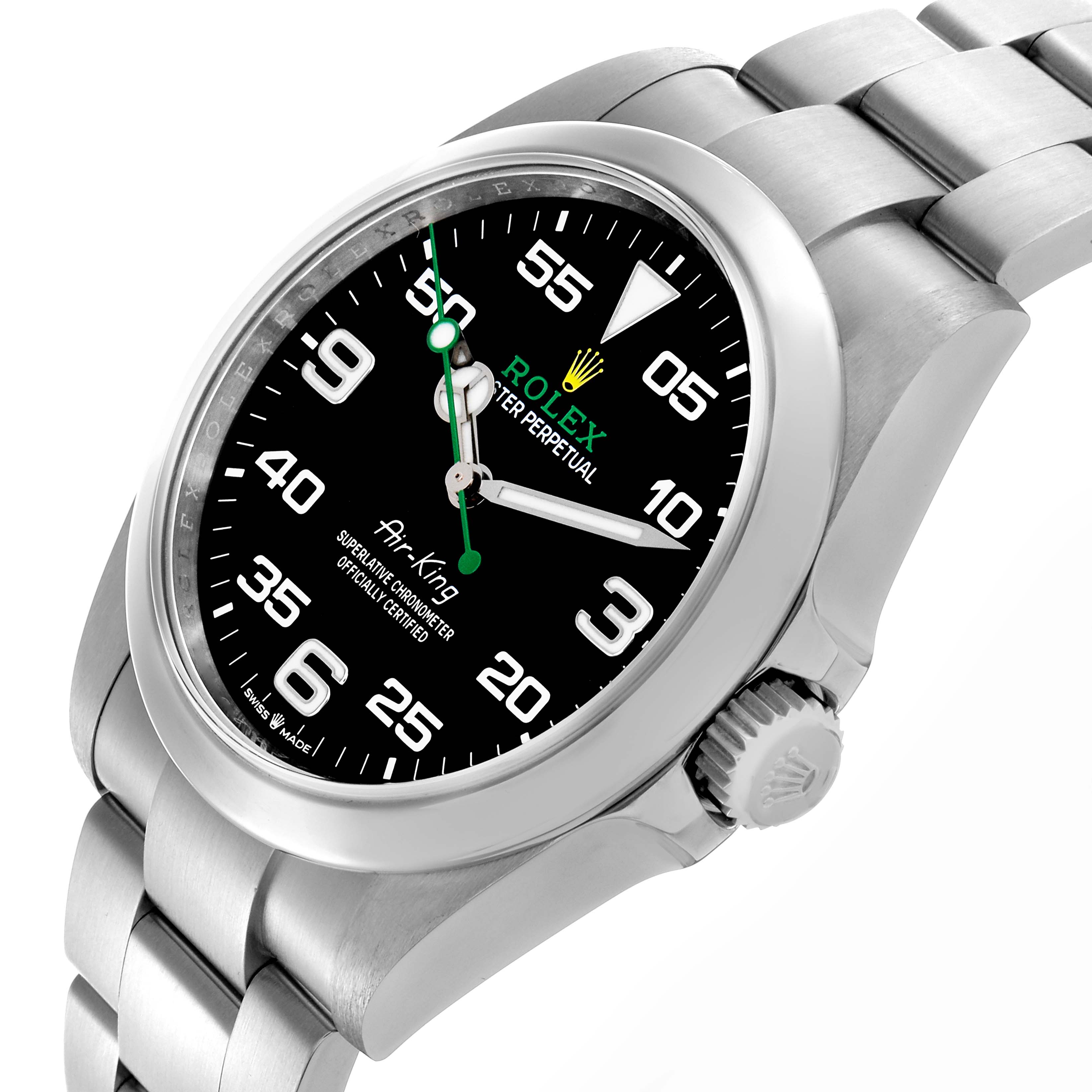 The Rolex Air-King 126900 Men's Stainless Steel Black Dial 126900 Men's Stainless Steel Black Dial watch is shown at a side angle, displaying the dial, crown, and bracelet.