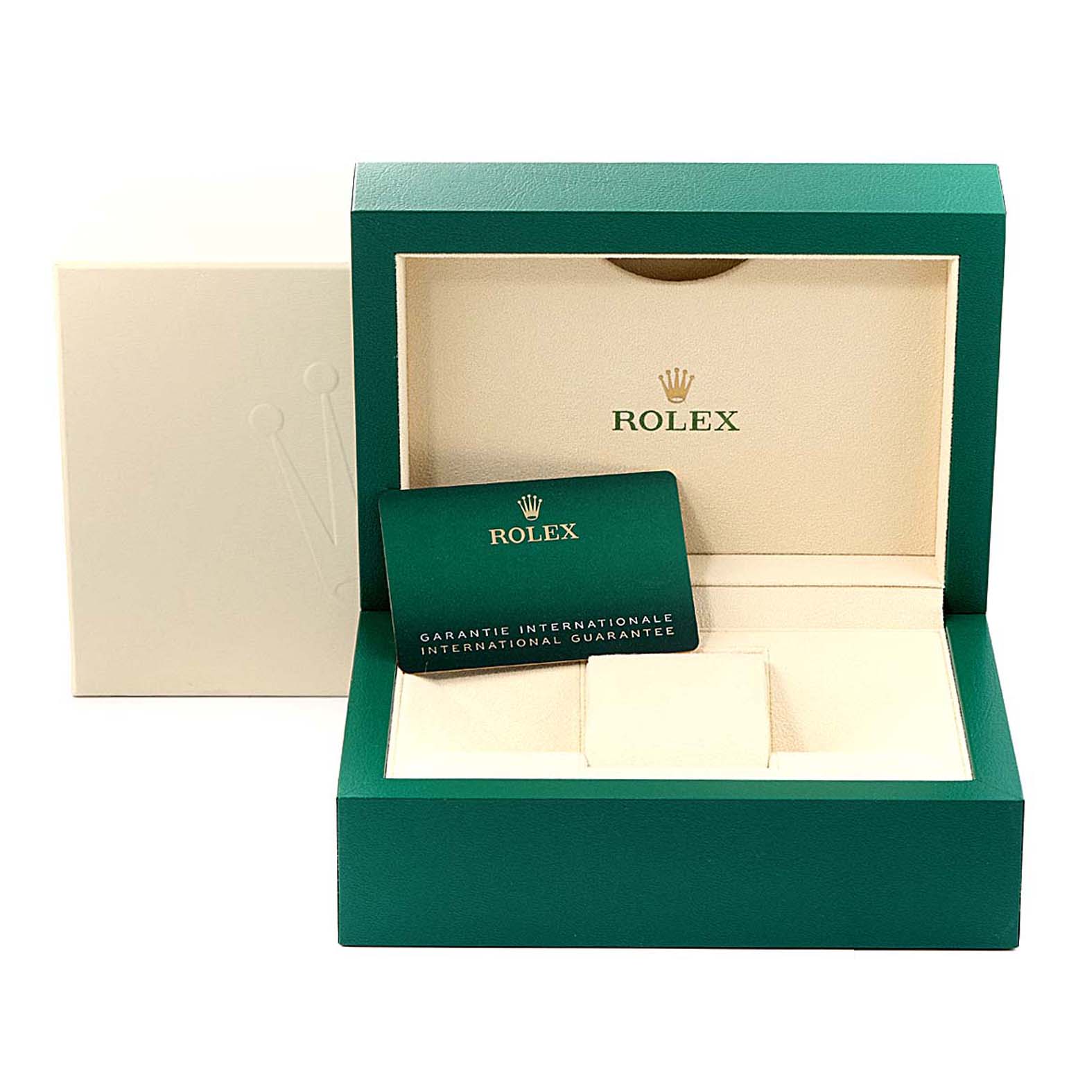 The image shows the box and international guarantee card for a Rolex Oyster Perpetual 126000 Men's Stainless Steel Blue Dial 126000 Men's Stainless Steel Blue Dial watch.