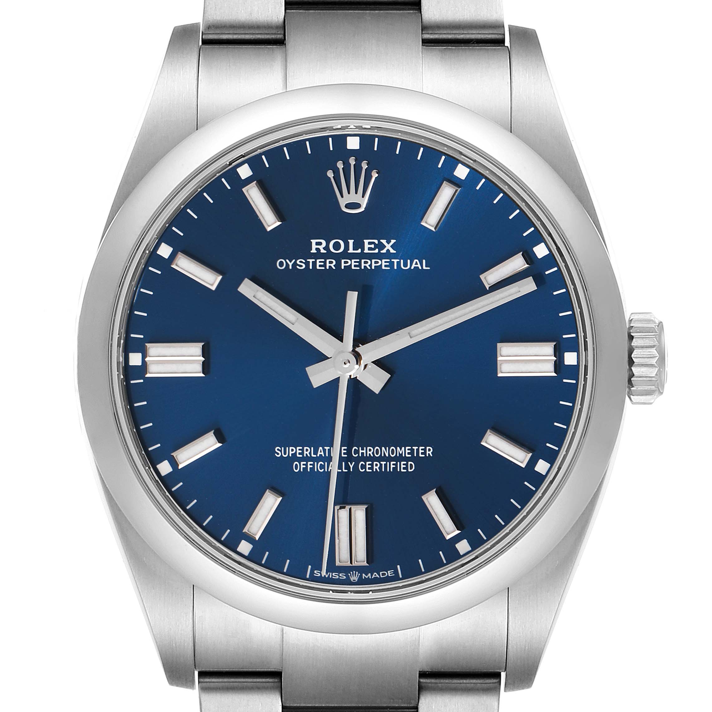 This image shows a front view of the Rolex Oyster Perpetual 126000 Men's Stainless Steel Blue Dial 126000 Men's Stainless Steel Blue Dial watch, highlighting the blue dial, markers, hands, crown, and part of the bracelet.