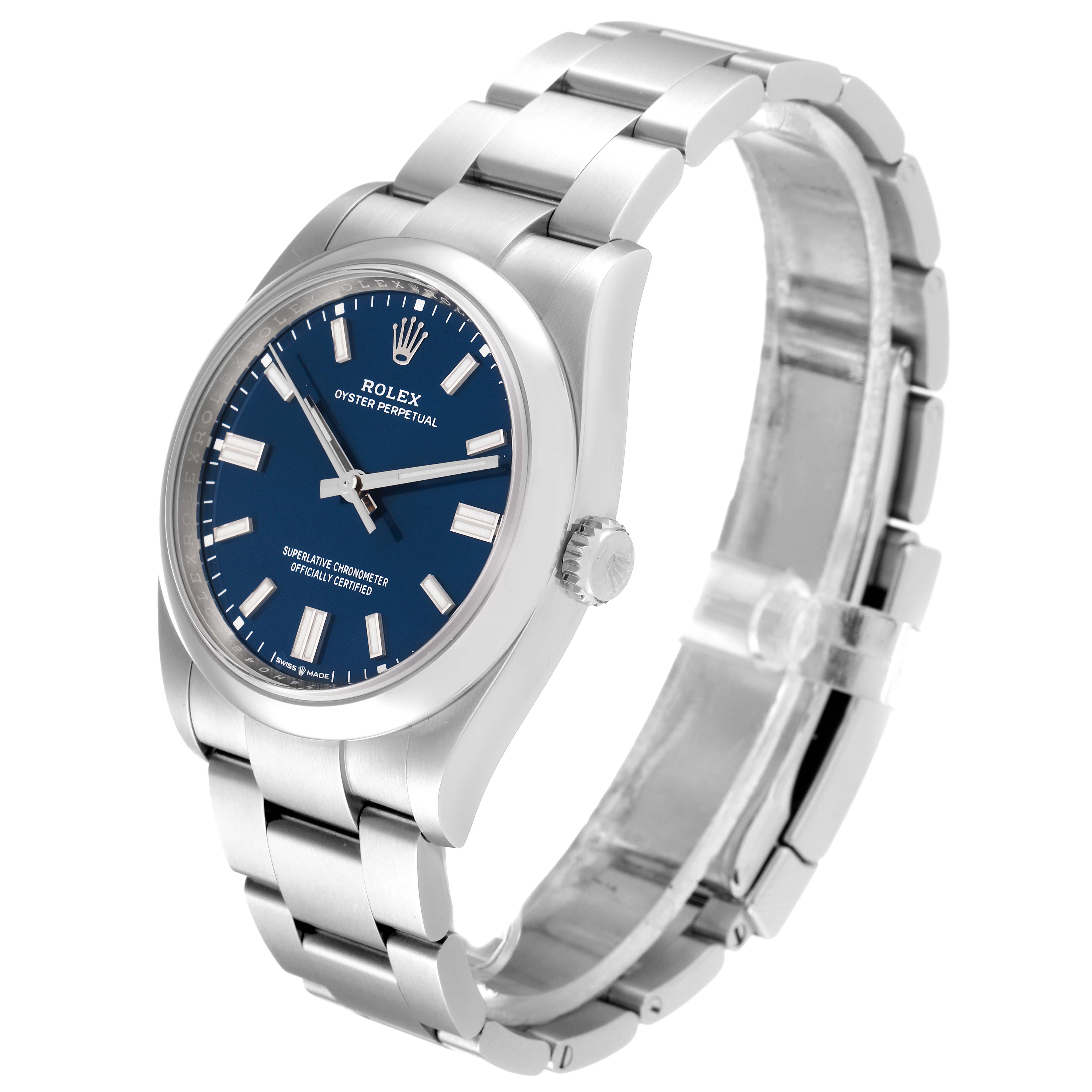 The Rolex Oyster Perpetual 126000 Men's Stainless Steel Blue Dial 126000 Men's Stainless Steel Blue Dial watch is shown at a three-quarter angle, highlighting its blue dial and stainless steel bracelet.