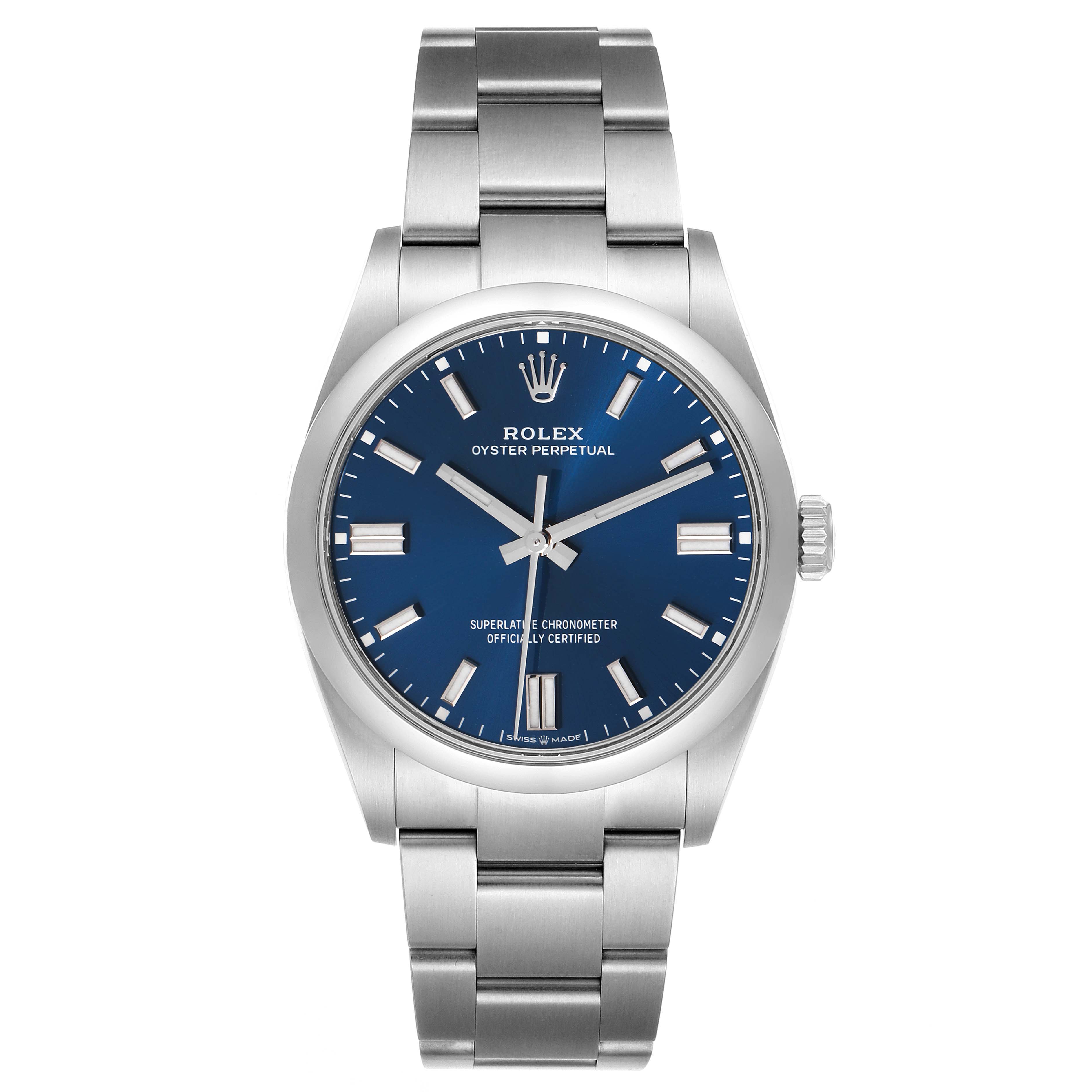 This image shows a front view of a Rolex Oyster Perpetual 126000 Men's Stainless Steel Blue Dial 126000 Men's Stainless Steel Blue Dial watch with a blue dial and stainless steel bracelet.
