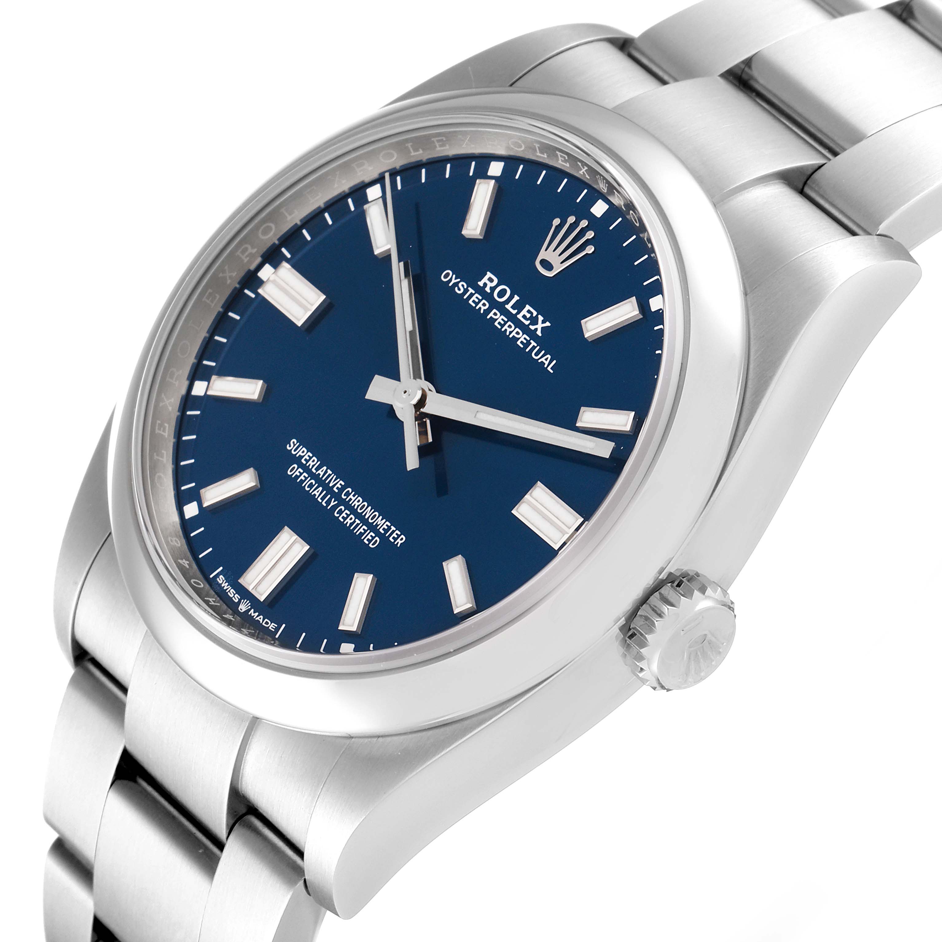 The image shows a tilted view of the Rolex Oyster Perpetual 126000 Men's Stainless Steel Blue Dial 126000 Men's Stainless Steel Blue Dial watch, highlighting its blue dial, bracelet, and crown.