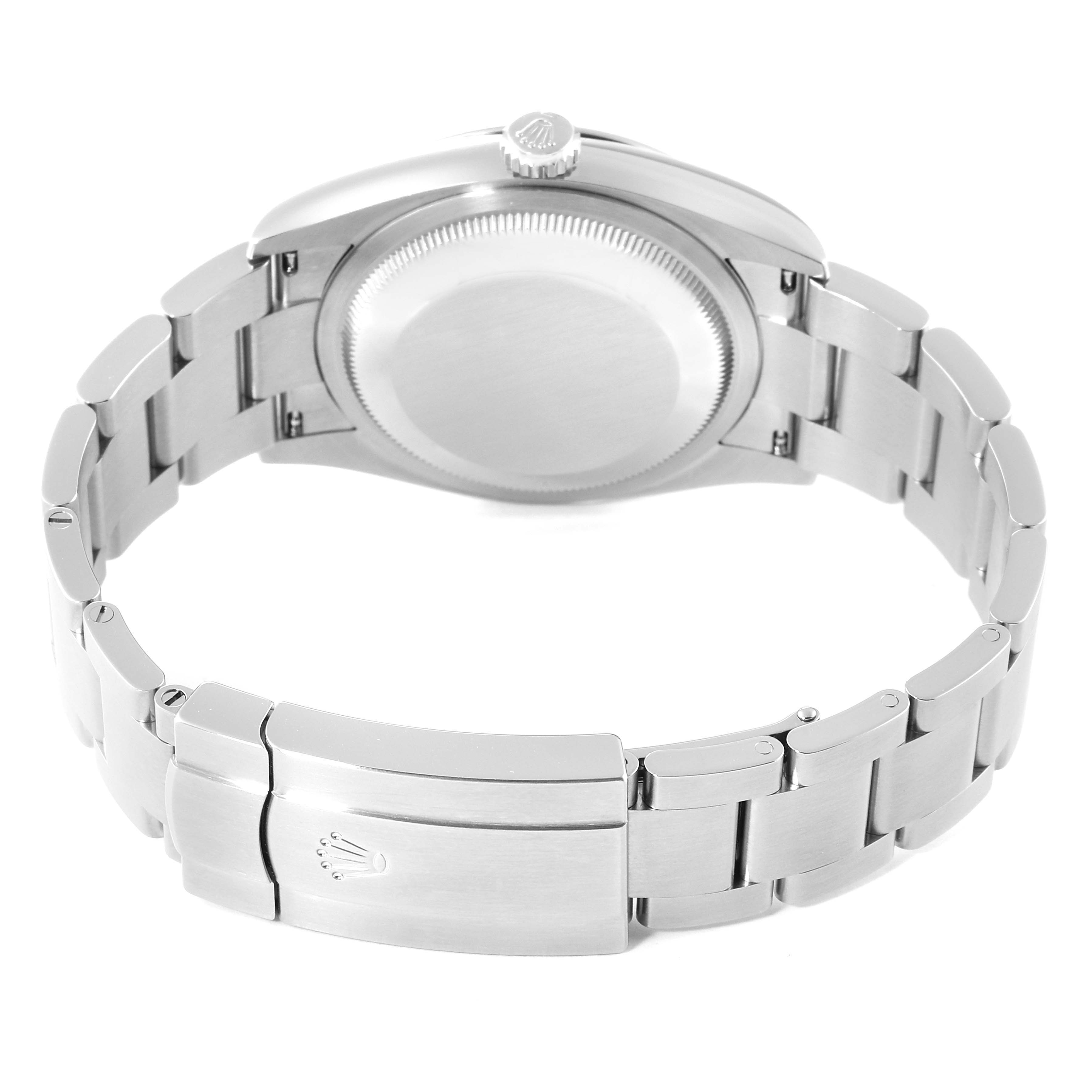 This image shows the back view of a Rolex Oyster Perpetual 126000 Men's Stainless Steel Blue Dial 126000 Men's Stainless Steel Blue Dial watch, highlighting the case back, crown, and bracelet clasp.