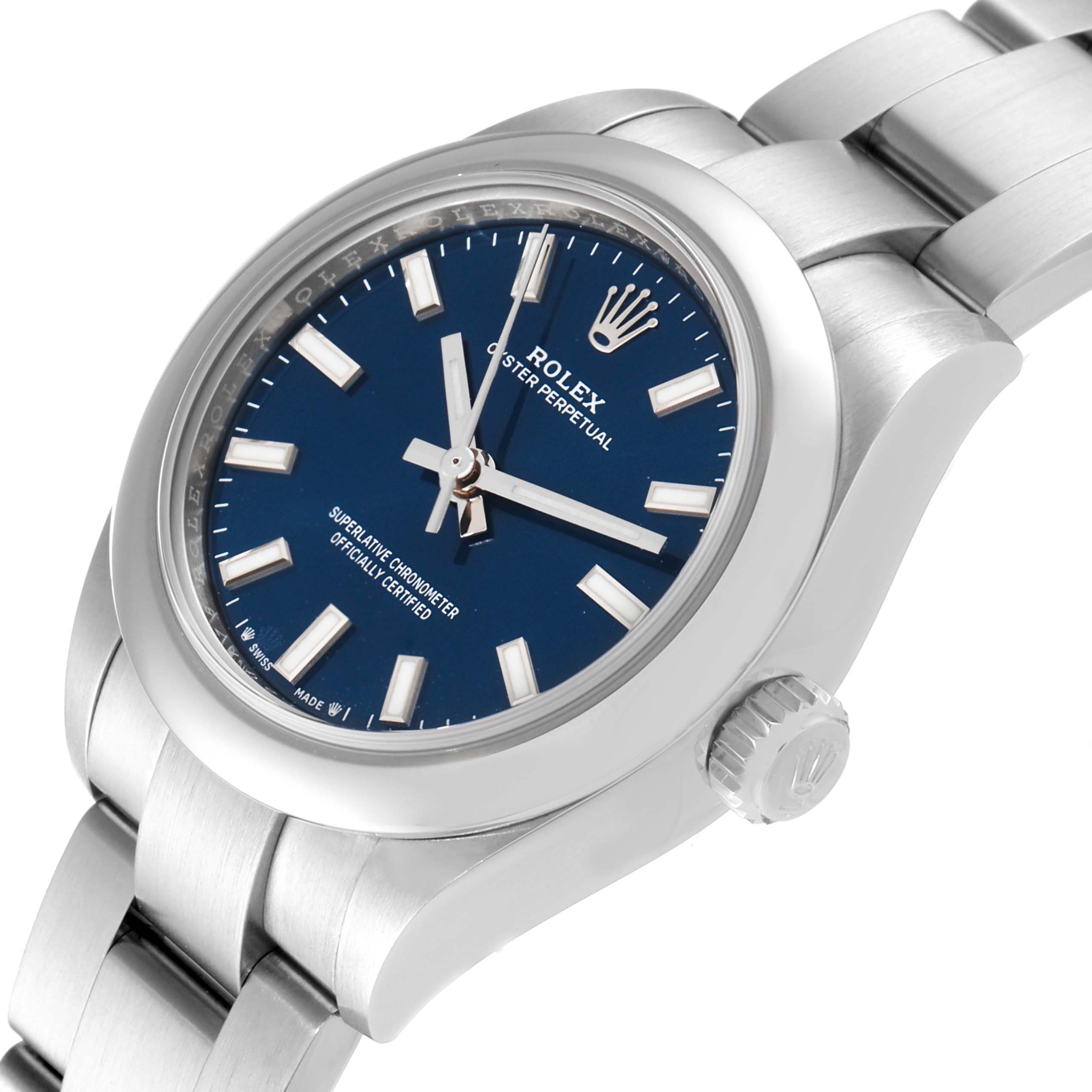 The image shows a Rolex Oyster Perpetual 276200 Women's Stainless Steel Blue Dial 276200 Women's Stainless Steel Blue Dial watch at a slight angle, highlighting its blue dial, case, bezel, and part of the bracelet.