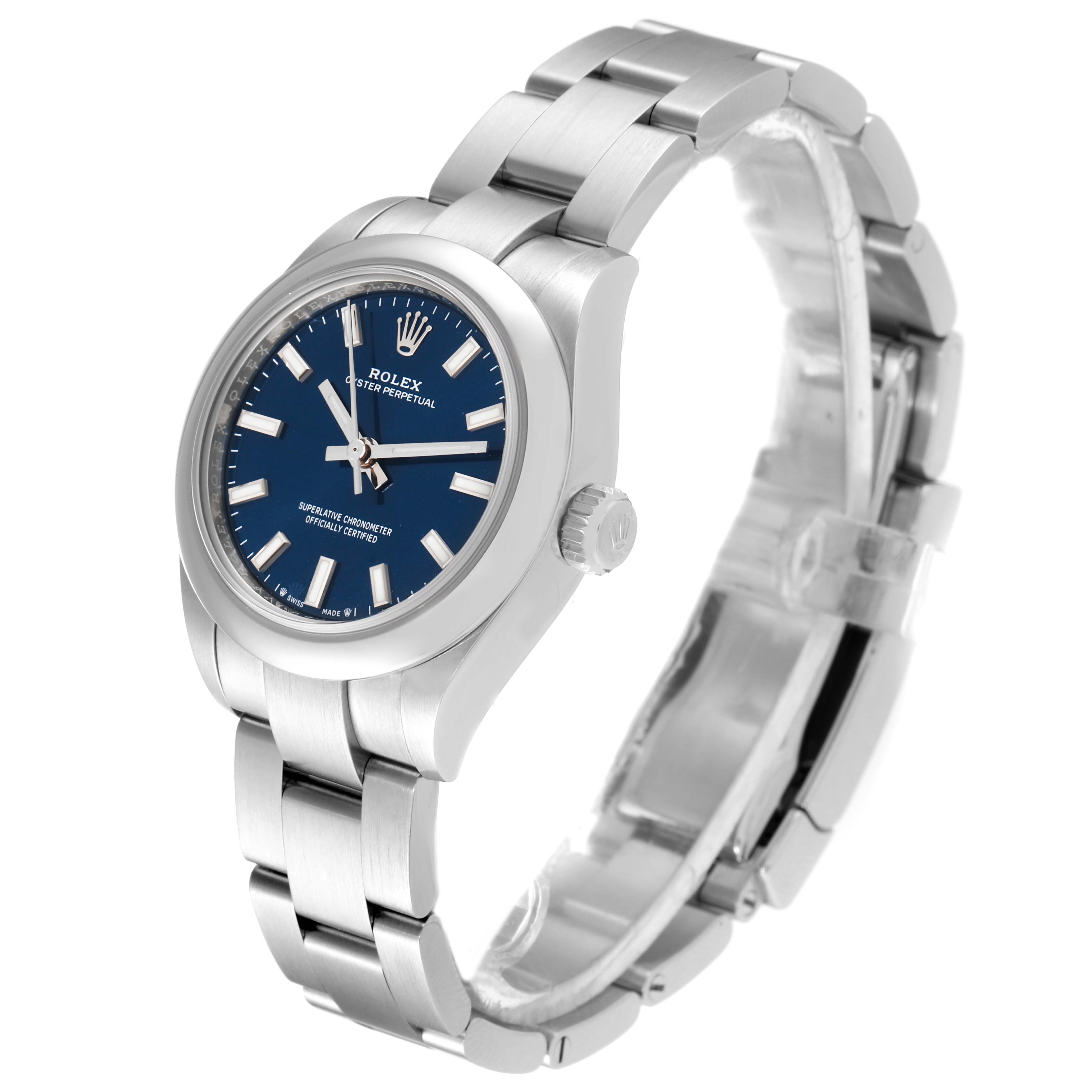 The Rolex Oyster Perpetual 276200 Women's Stainless Steel Blue Dial 276200 Women's Stainless Steel Blue Dial watch is shown at a slight angle, highlighting the blue dial, stainless steel case, crown, and bracelet.