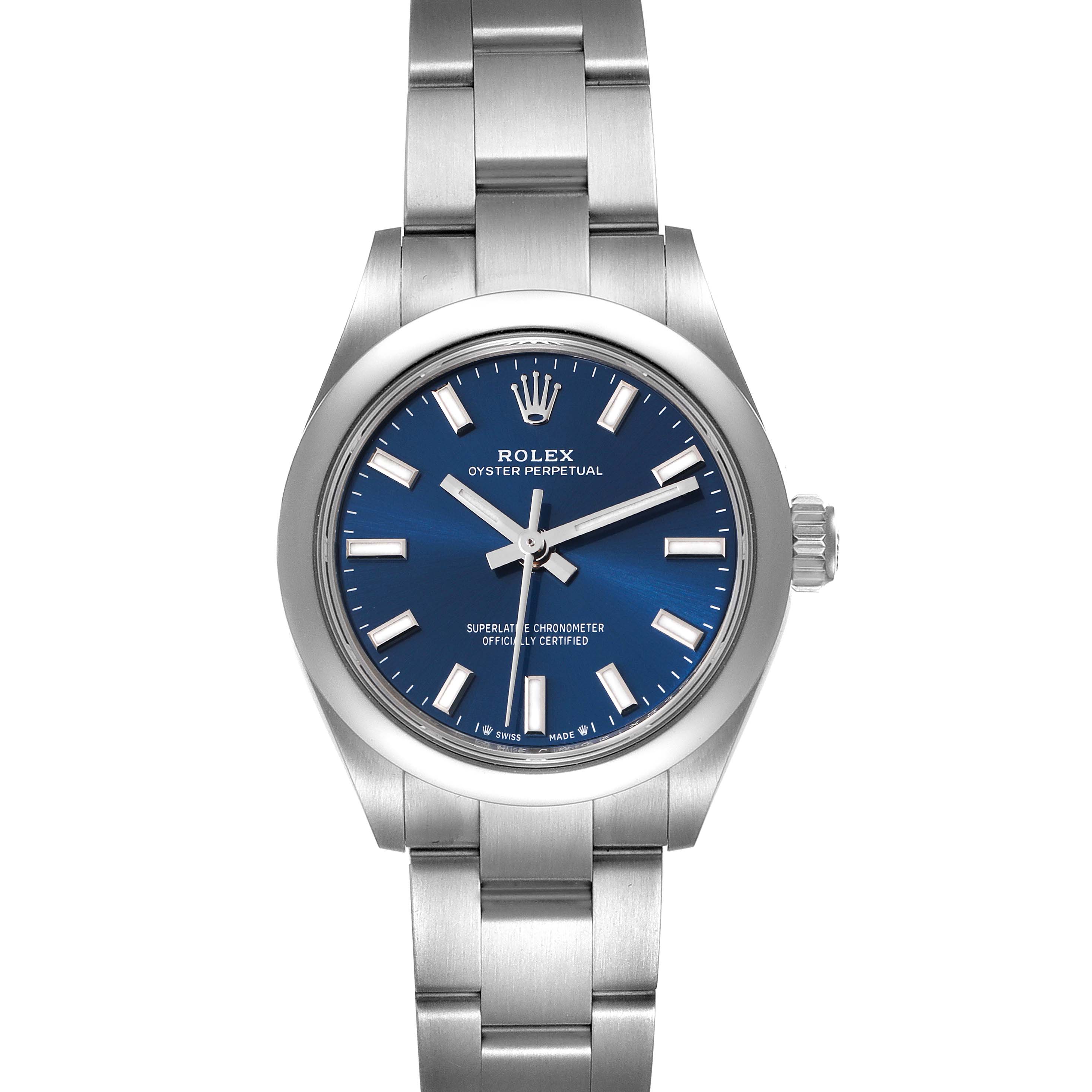 This image shows a front view of a Rolex Oyster Perpetual 276200 Women's Stainless Steel Blue Dial 276200 Women's Stainless Steel Blue Dial watch with a blue dial and stainless steel bracelet.