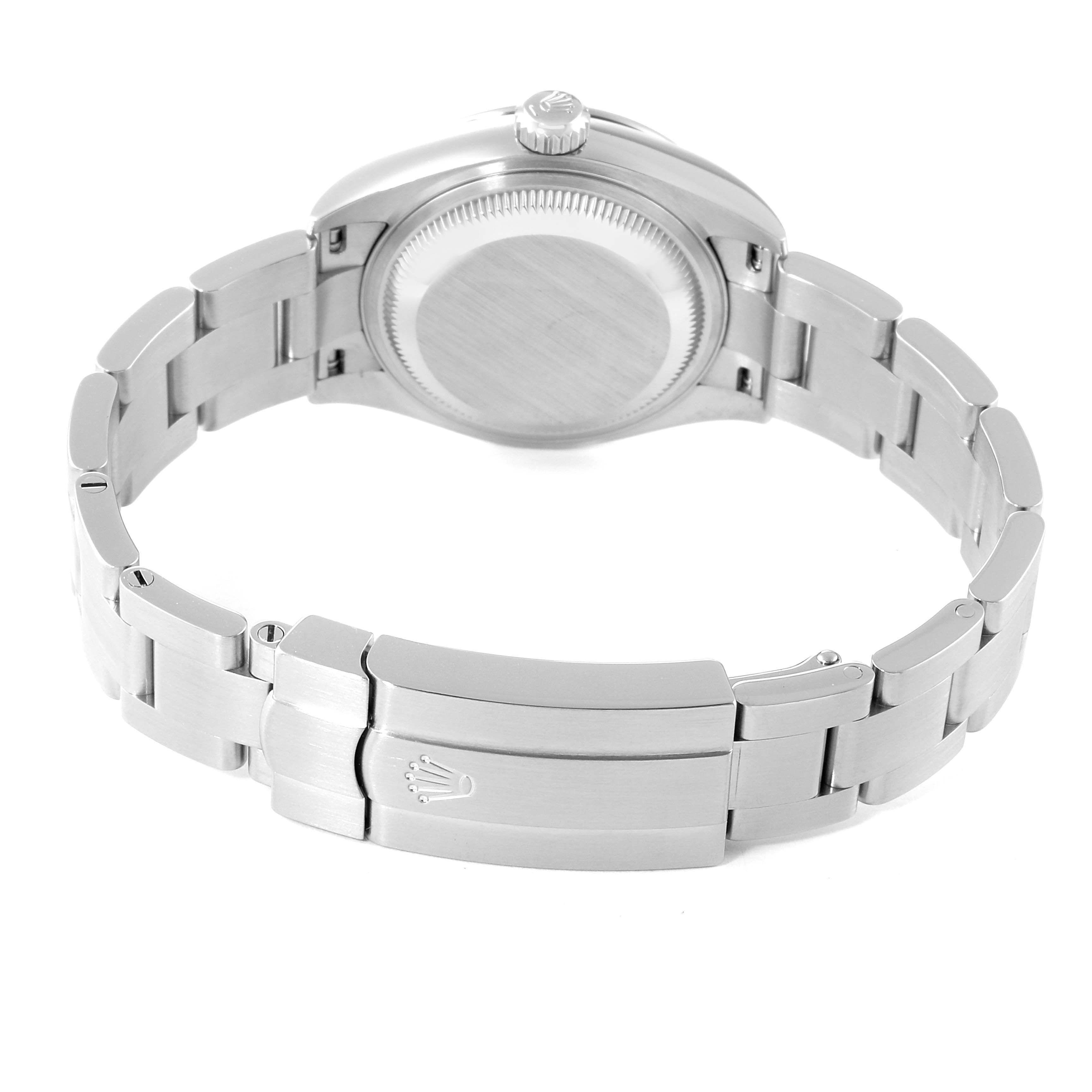 This image shows the back and clasp of the Rolex Oyster Perpetual 276200 Women's Stainless Steel Blue Dial 276200 Women's Stainless Steel Blue Dial watch, highlighting the bracelet and case back.