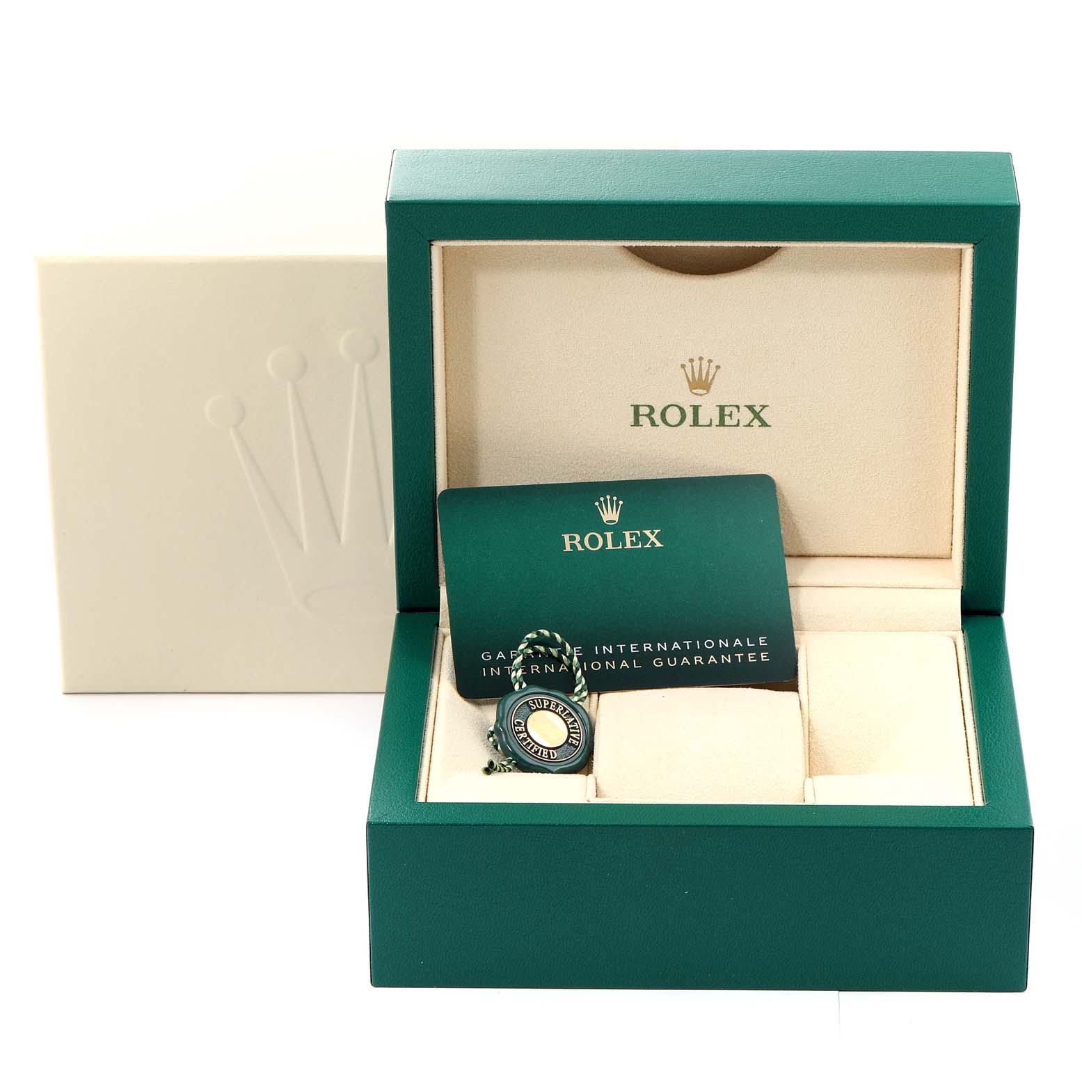 The image shows the box and accessories of a Rolex Oyster Perpetual 276200 Women's Stainless Steel Blue Dial 276200 Women's Stainless Steel Blue Dial, including a guarantee card and a tag, angled slightly from the front.