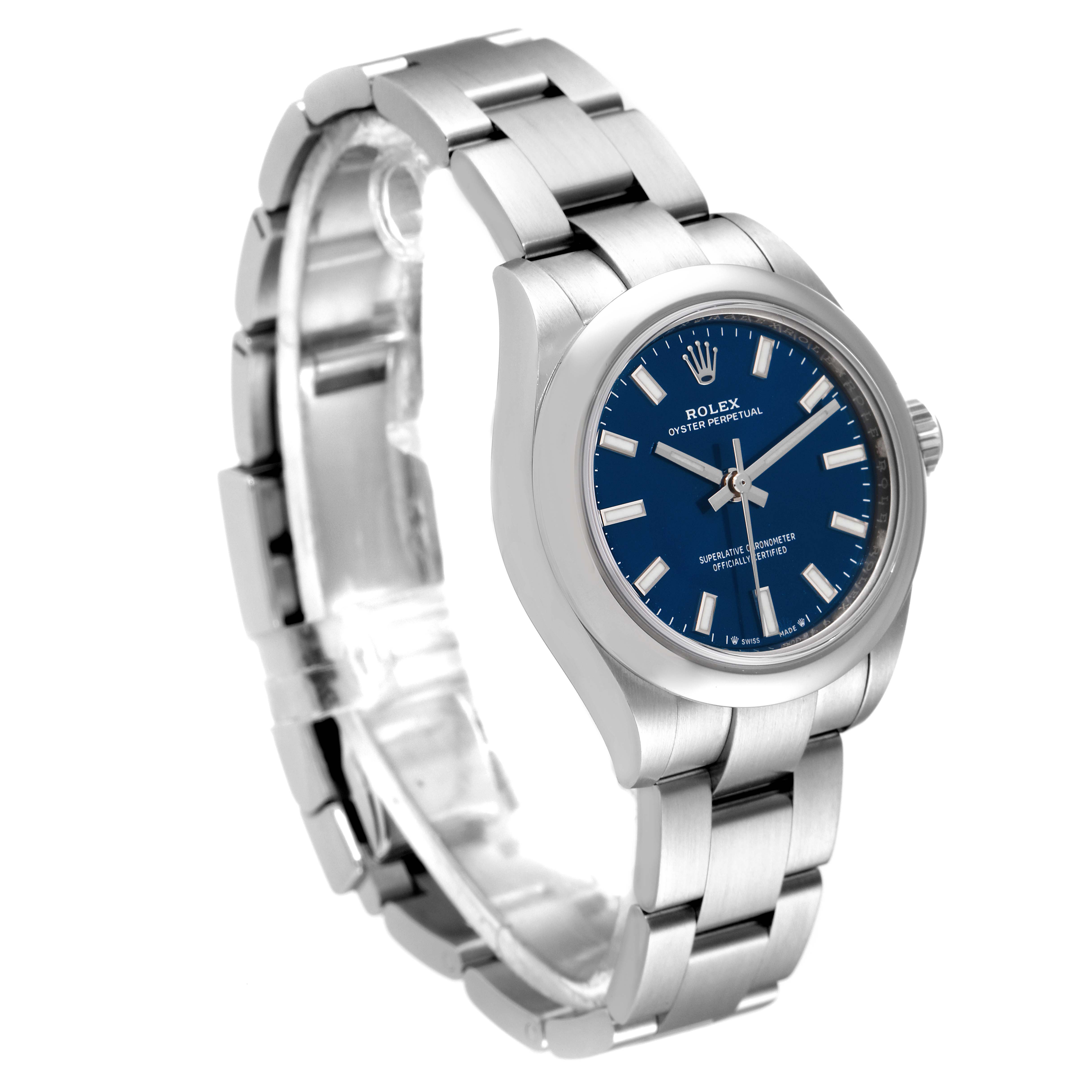 The Rolex Oyster Perpetual 276200 Women's Stainless Steel Blue Dial 276200 Women's Stainless Steel Blue Dial watch is shown at a slight angle, displaying its blue dial, metal bracelet, and crown.