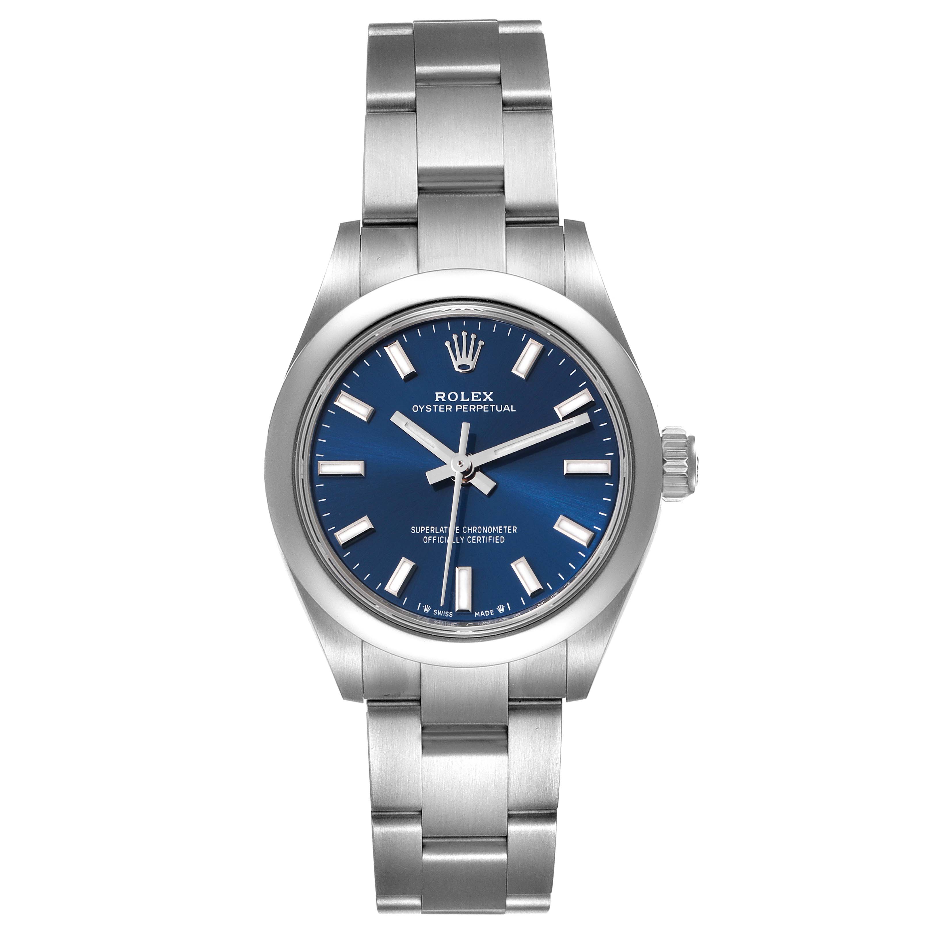 The Rolex Oyster Perpetual 276200 Women's Stainless Steel Blue Dial 276200 Women's Stainless Steel Blue Dial watch is shown from a top-down view, displaying the face, bracelet, and crown.