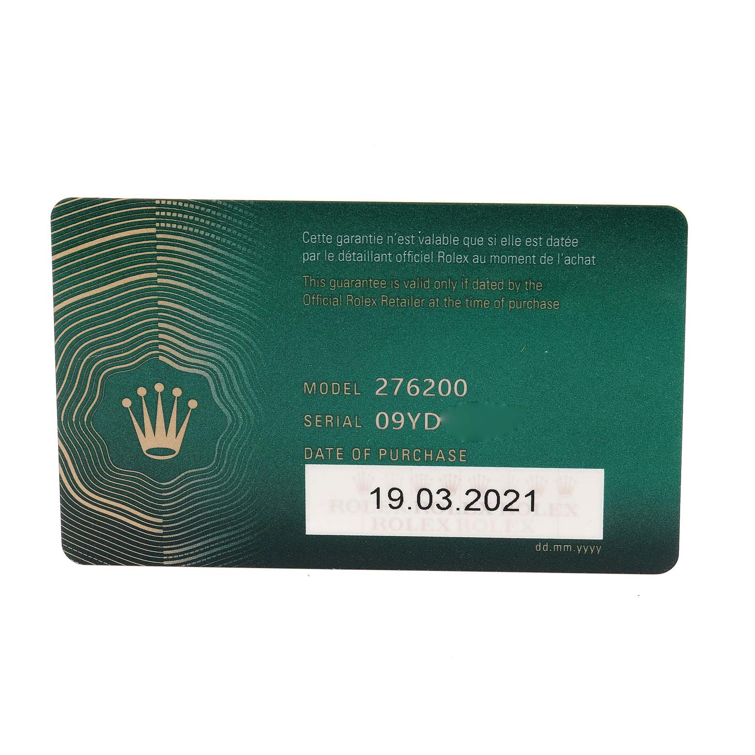 This image shows the guarantee card for the Rolex Oyster Perpetual 276200 Women's Stainless Steel Blue Dial 276200 Women's Stainless Steel Blue Dial model 276200, displaying the model, serial number, and purchase date.