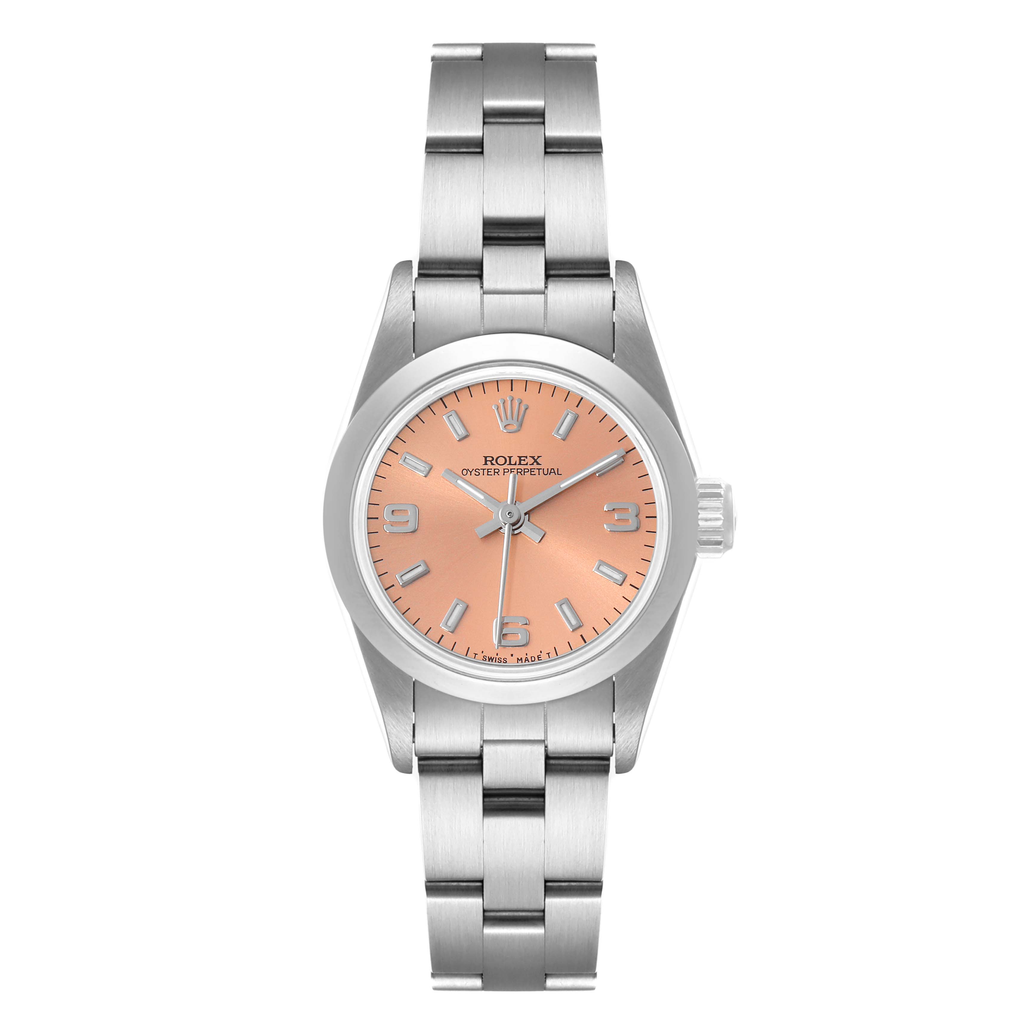 This image shows a Rolex Oyster Perpetual 67180 Women's Stainless Steel Pink Dial 67180 Women's Stainless Steel Pink Dial watch from a front-facing angle, highlighting its dial, bezel, and bracelet.