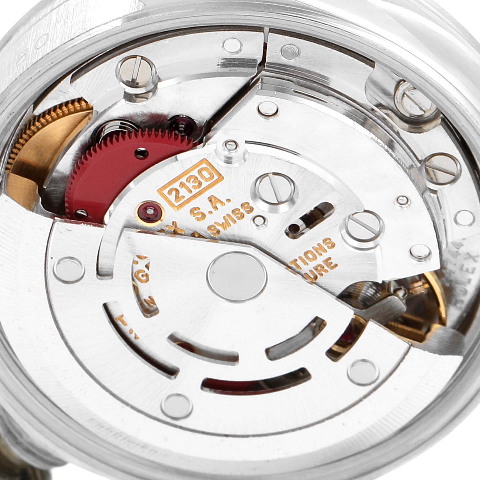 The image shows the inner mechanical movement of a Rolex Oyster Perpetual 67180 Women's Stainless Steel Pink Dial 67180 Women's Stainless Steel Pink Dial watch, viewed from the back.