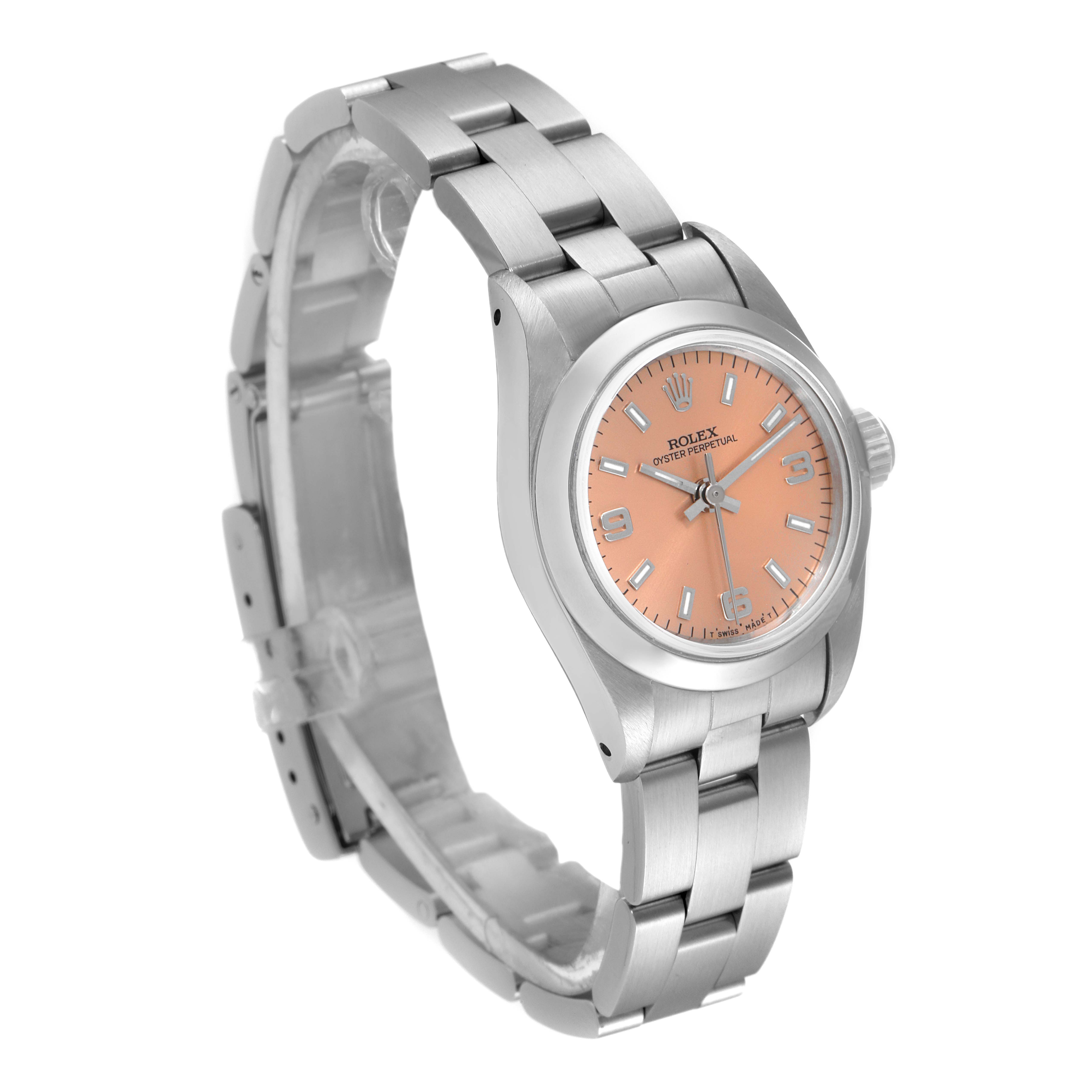 The image shows the Rolex Oyster Perpetual 67180 Women's Stainless Steel Pink Dial 67180 Women's Stainless Steel Pink Dial watch at an angled view, featuring the dial, crown, and bracelet.