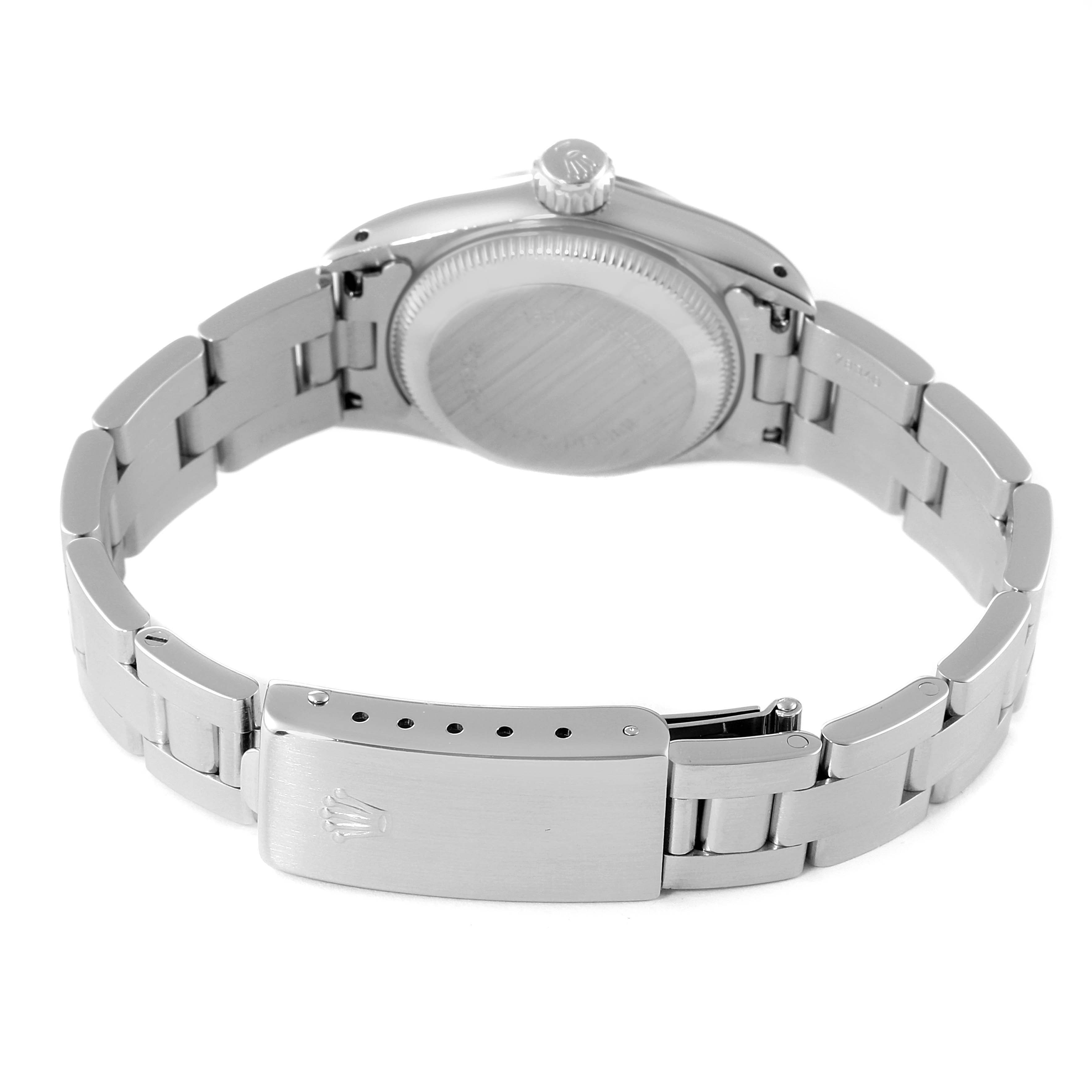 The image shows the back and clasp of the Rolex Oyster Perpetual 67180 Women's Stainless Steel Pink Dial 67180 Women's Stainless Steel Pink Dial watch, highlighting its bracelet and case back.